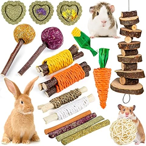 Sofier Rabbit Toys Bunny Toys Guinea Pig Toys 17pcs Natural Timothy Hay Treats Hamster Toys for Teeth Handmade Rabbit Treats and Chews Chinchilla Rat Cover