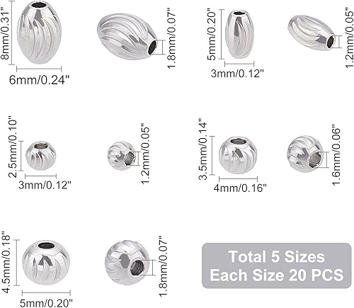 Miniatura 4 de UNICRAFTALE Alrededor de 100 cuentas espaciadoras ovaladas y redondas de acero inoxidable de 5 tamaños de 3 a 0.315 in, cuentas sueltas de cuentas