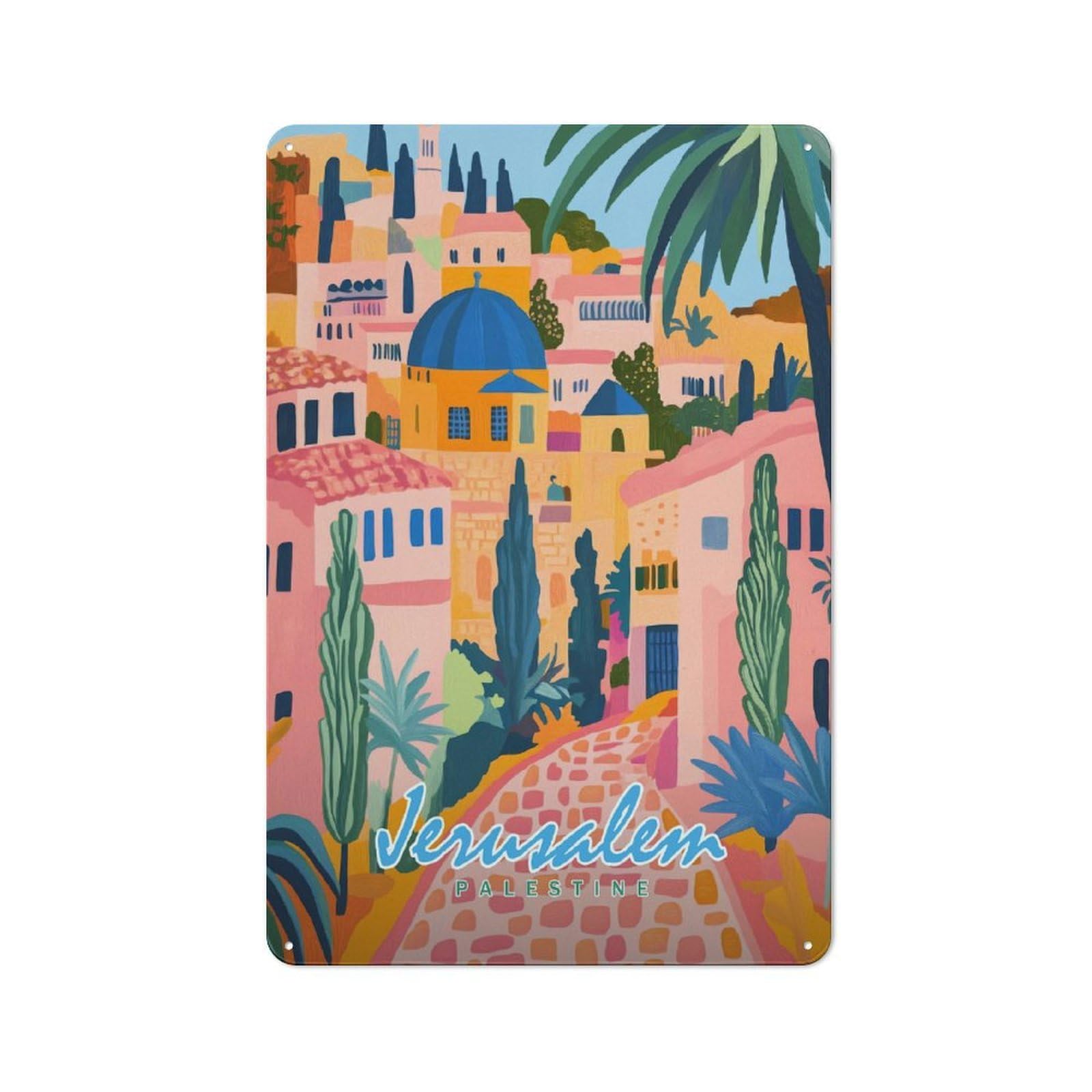 Junmoney Style-14 Vintage Tin Sign 30X20cm With Jerusalem Cityscape For Bar Or Restaurant, Suited To Bar Decor Enthusiasts
