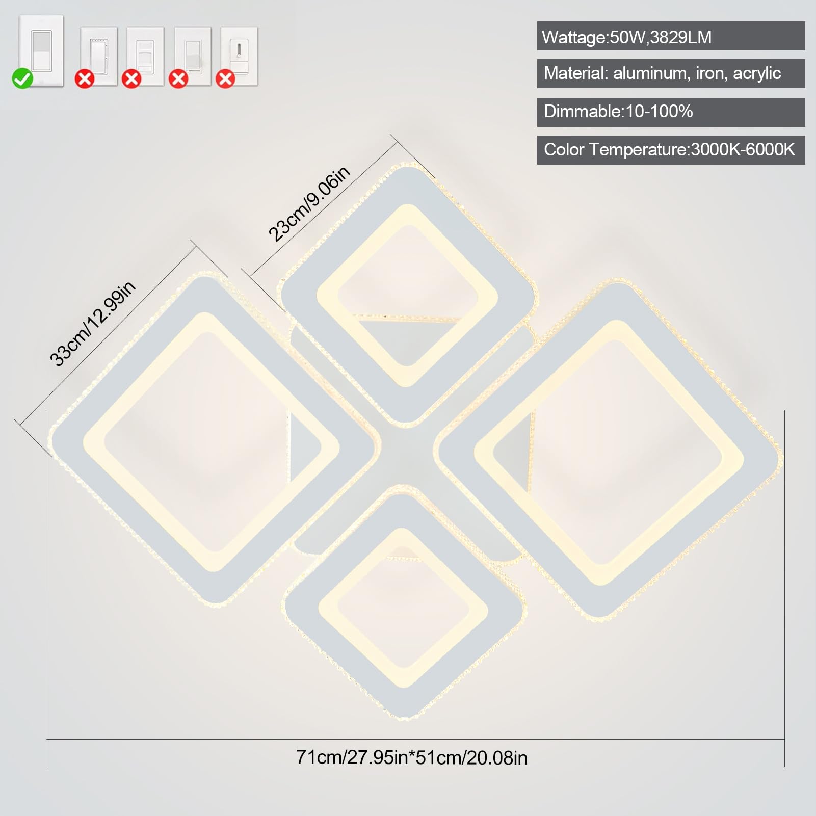 71CM 50W Plafonnier LED, Luminaire Plafonnier 3829LM Télécommandé APP