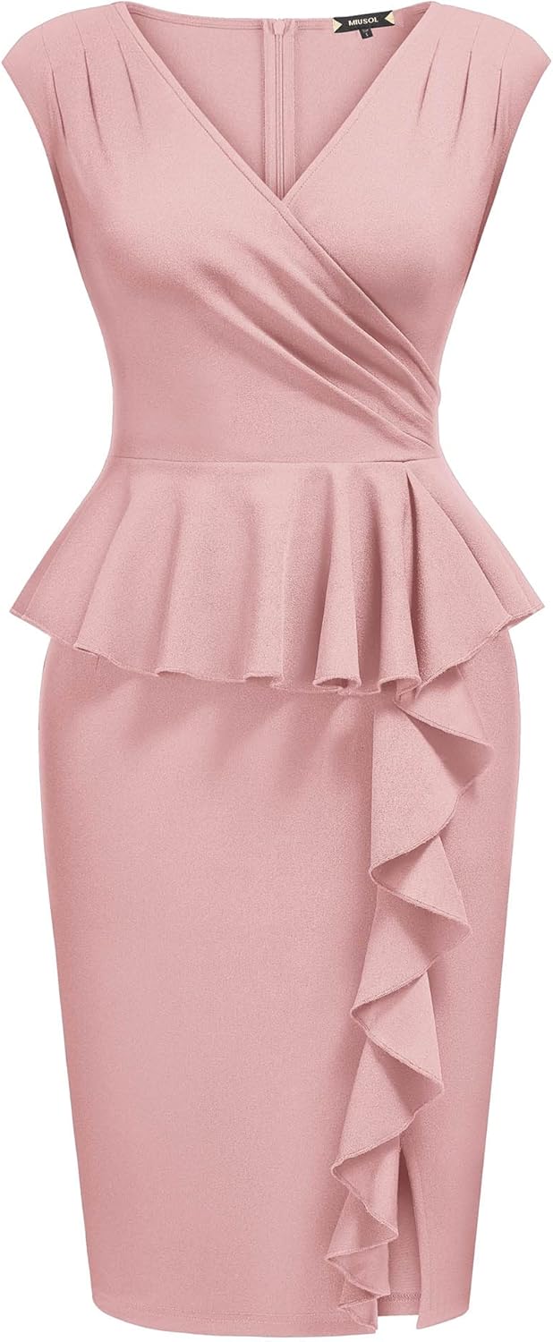 Miusol Women's Retro Deep V-Neck Ruffle Sleeveless Business Work Pencil Dress