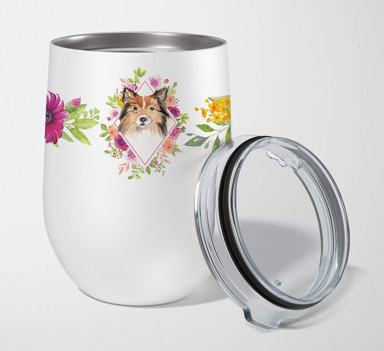 Caroline's Treasures CK4213TBL12 Sheltie Pink Flowers Stainless Steel 12 oz Stemless Wine Glass Insulated Wine Tumbler with Lid, Cute Travel Cup for Coffee, Cocktails, Gift Women, Mother