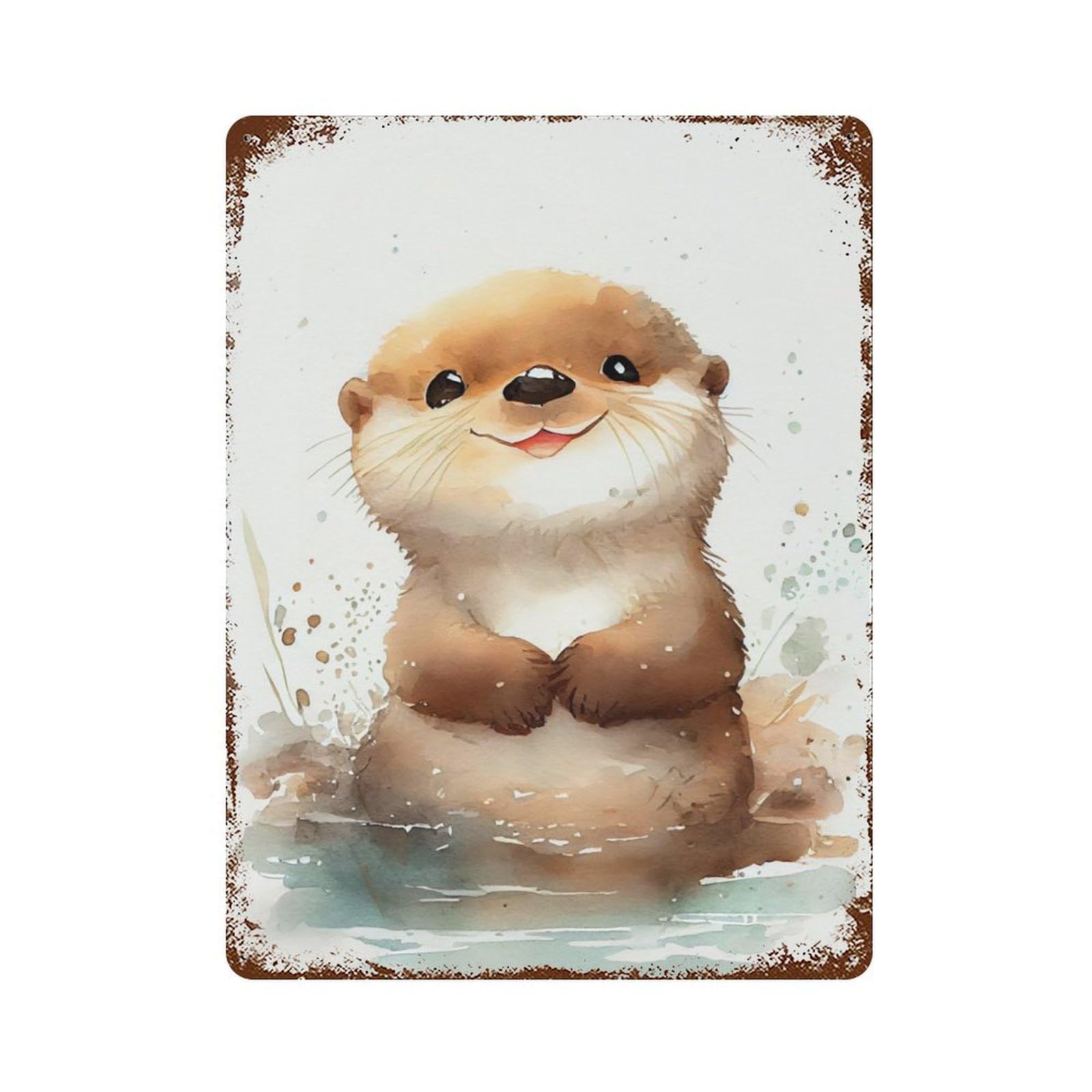 Otter Cute Watercolor Rust Effect Tin Sign 15.7"x11.8", Vintage Wall Decor for Garage, Pub Or Kitchen