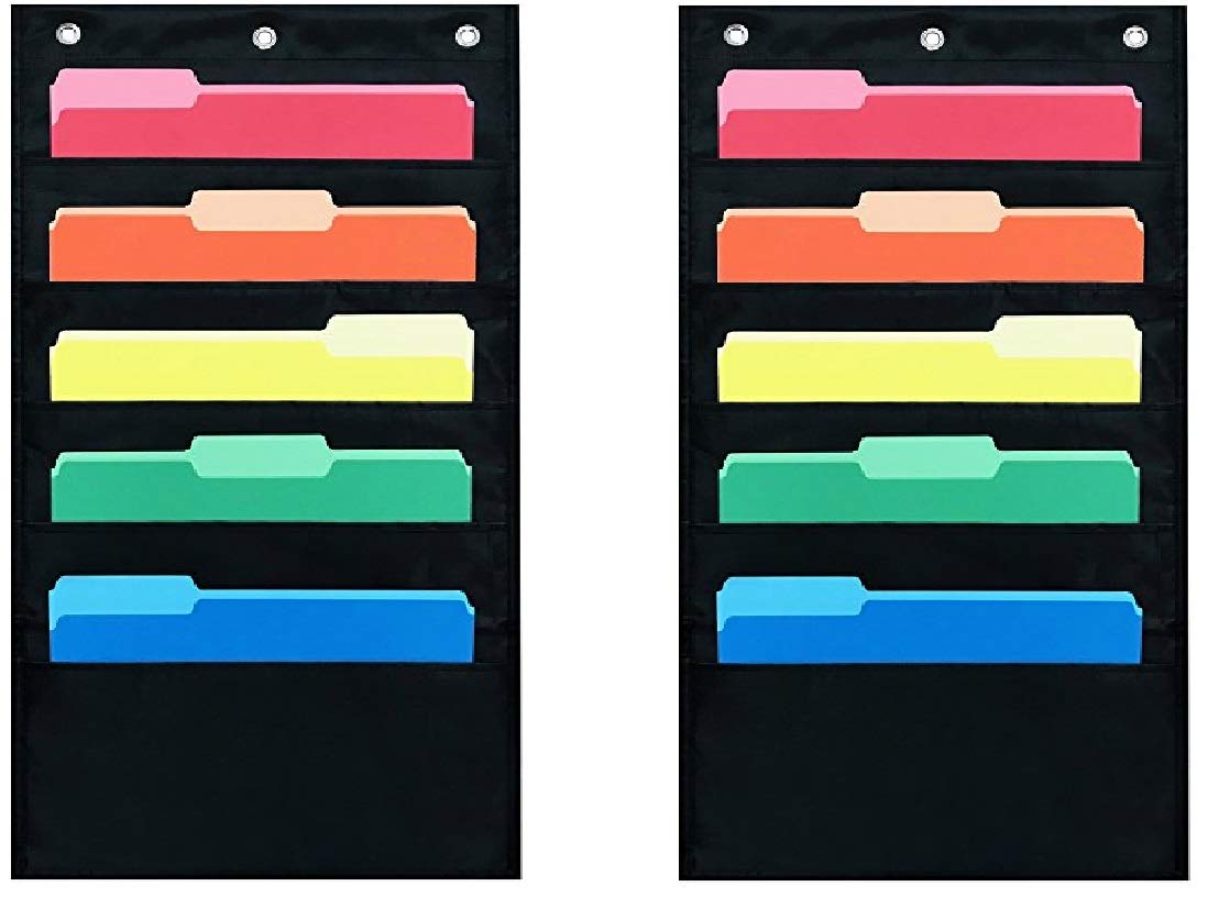 Photo 1 of Pack of 2 - Five Pocket Compact Storage Pocket Chart, Hanging Wall File Organizer by Essex Wares - Organize Your Assignments, Files, Scrapbook Papers & More (Black) (5 Pocket)