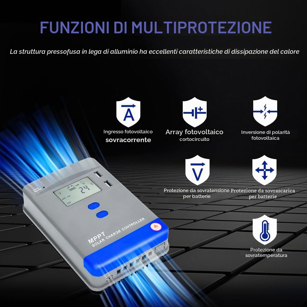 Y&H Regolatore di carica pannello solare MPPT 40A 12V 24V per pannello solare max 75V fino a 520W 1040W per la ricarica di batterie AGM, Gel, Flooded e al litio,LiFePO4