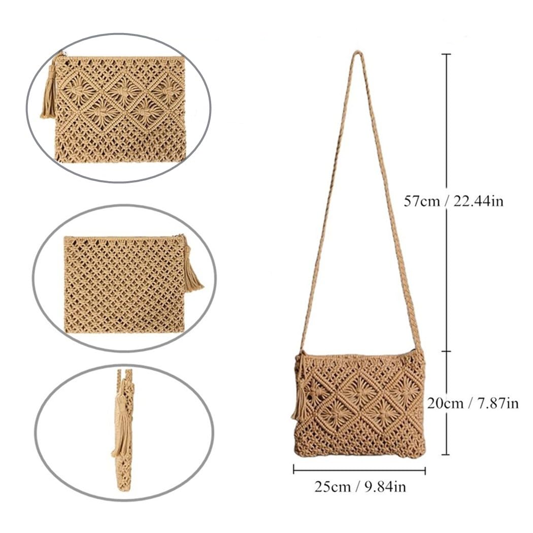 oukesin Borsa a tracolla da spiaggia estiva in nappa fatta a mano in macramè di cotone da donna, 041Cachi