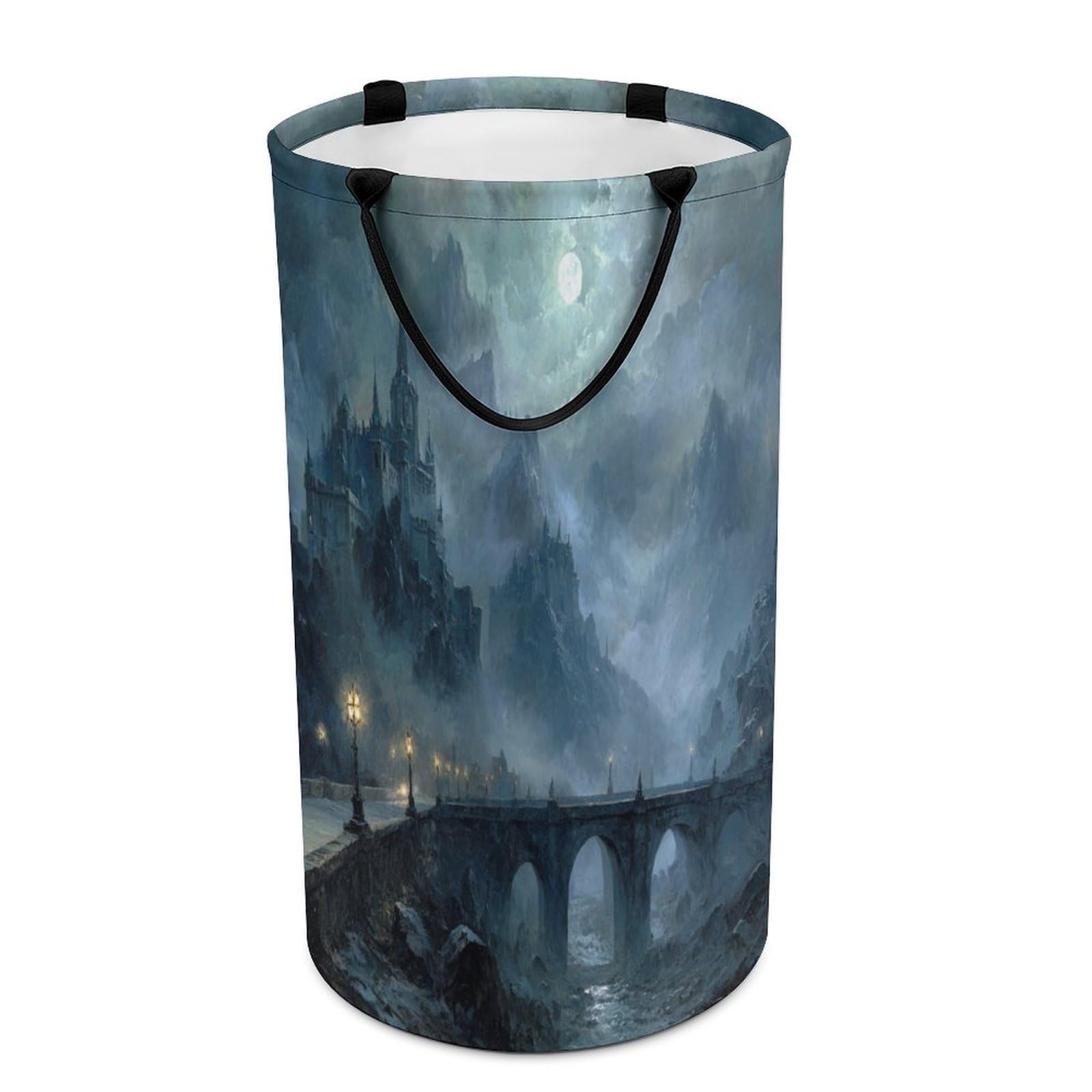 LUYYSKY Rustic Abstract Mid Century Castle Collapsible Dirty Clothes Basket, Vintage Spooky Halloween Full Moon Gothic Castle Portable Clothes Storage Basket