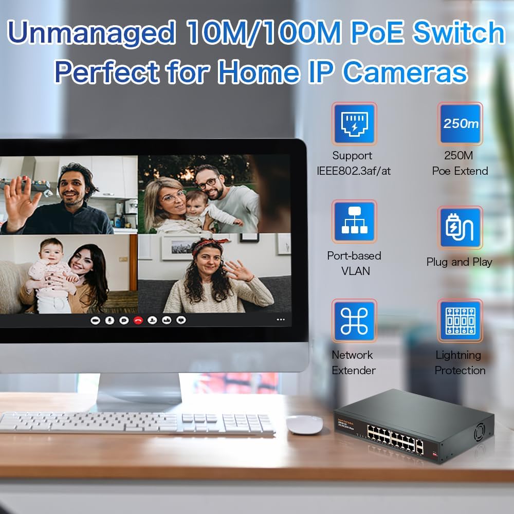 18 Port Unmanaged PoE+ Switch, 16 POE+ Ports & 2 Gigabit Uplink Ports, IEEE 802.3af/at Compliant, Up to 250W Power, 250m Extended Distance, Metal Design, Plug & Play