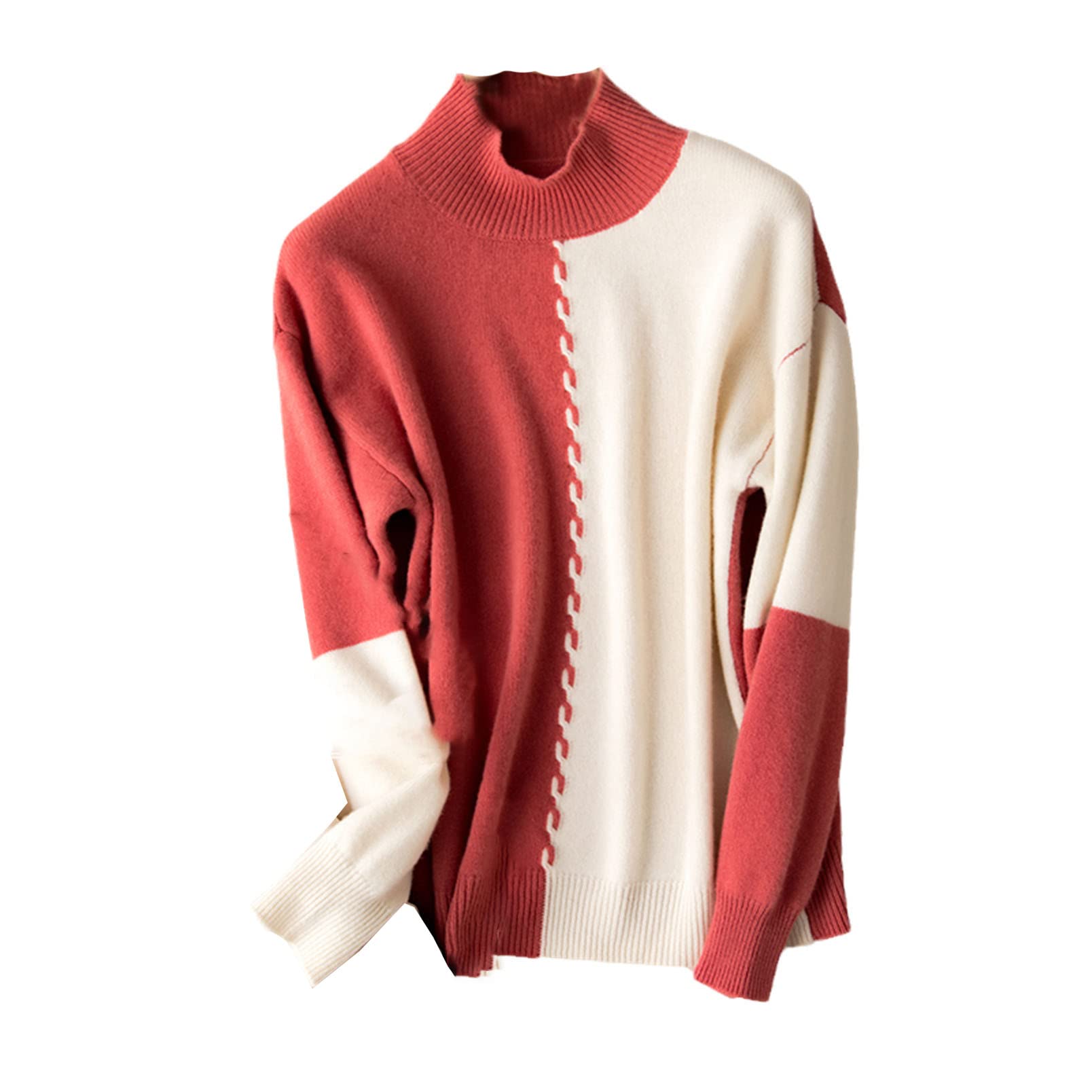 Pull en cachemire tendance à col montant pour femme, Rouge, XL