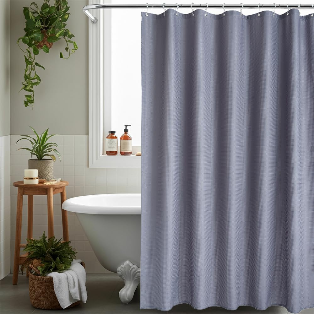 AQUALONA® Luxury Shower Curtain, 12 FREE HOOKS INCLUDED - Polyester, Water-repellent Coating, Rustproof Chrome Eyelets - Mildew Resistant and Weighted Hem, 180 x 180 cm (Waffle Grey)