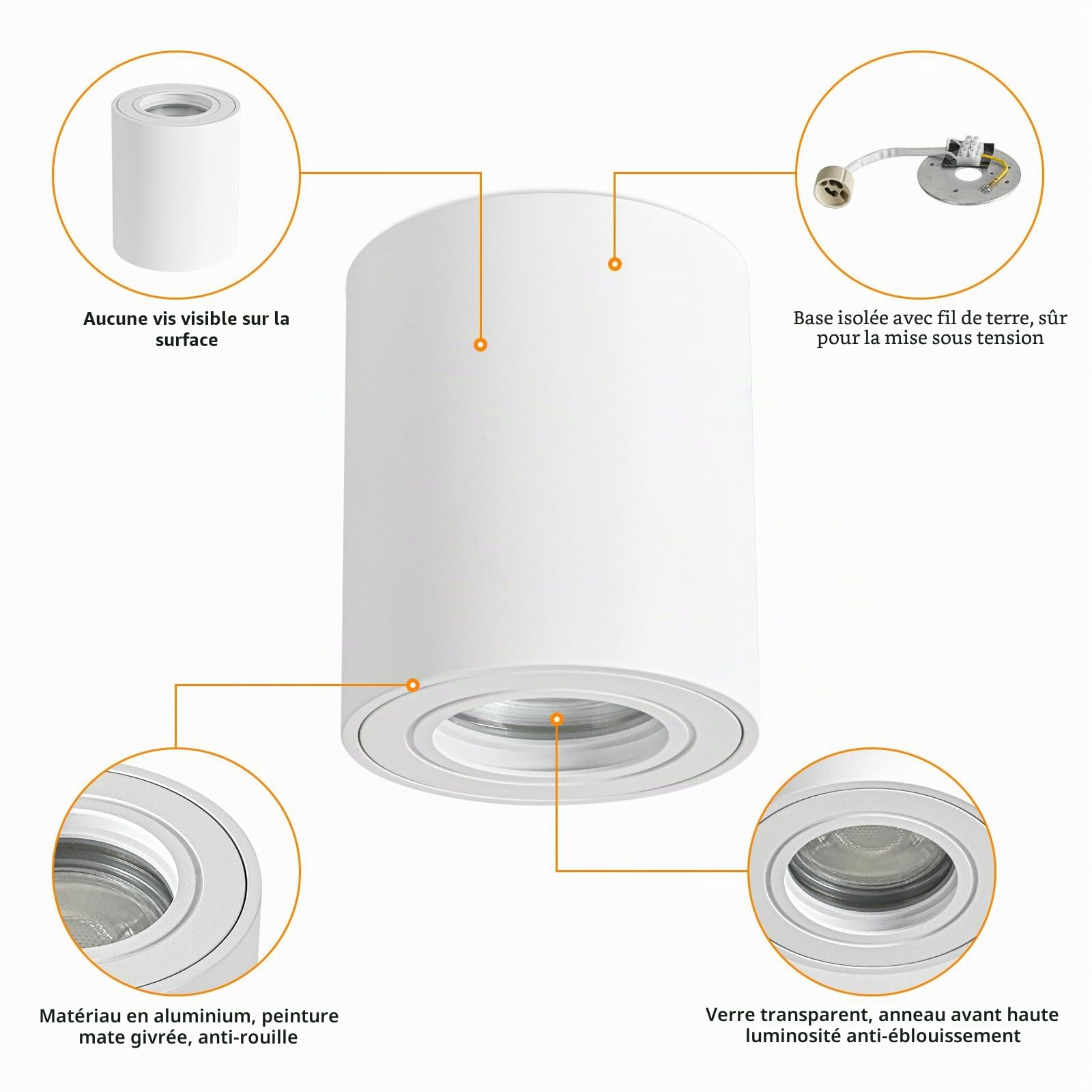Spot en Saillie Blanc IP44, Plafonnier Salle de bain, Spots de Plafond 230V avec GU10 douille, Ø80x95mm Aluminium Rond Downlight pour Modules GU10 et LED, Lot de 4
