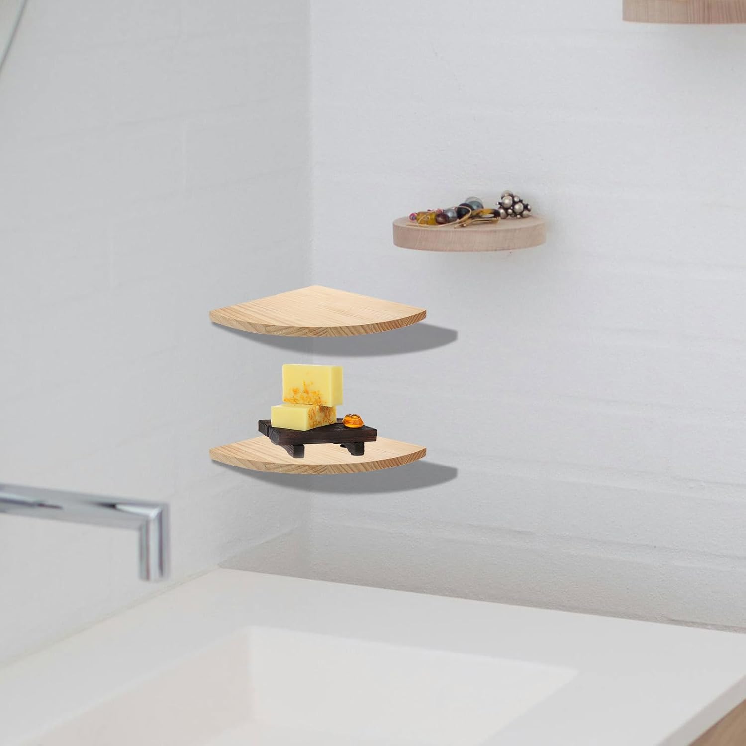 Wall-Mounted Corner Shelf Rack, Medium Pine Wood Triangle Storage Organizer, 2pcs Wooden Floating Shelves for Home Décor and Sundries Display