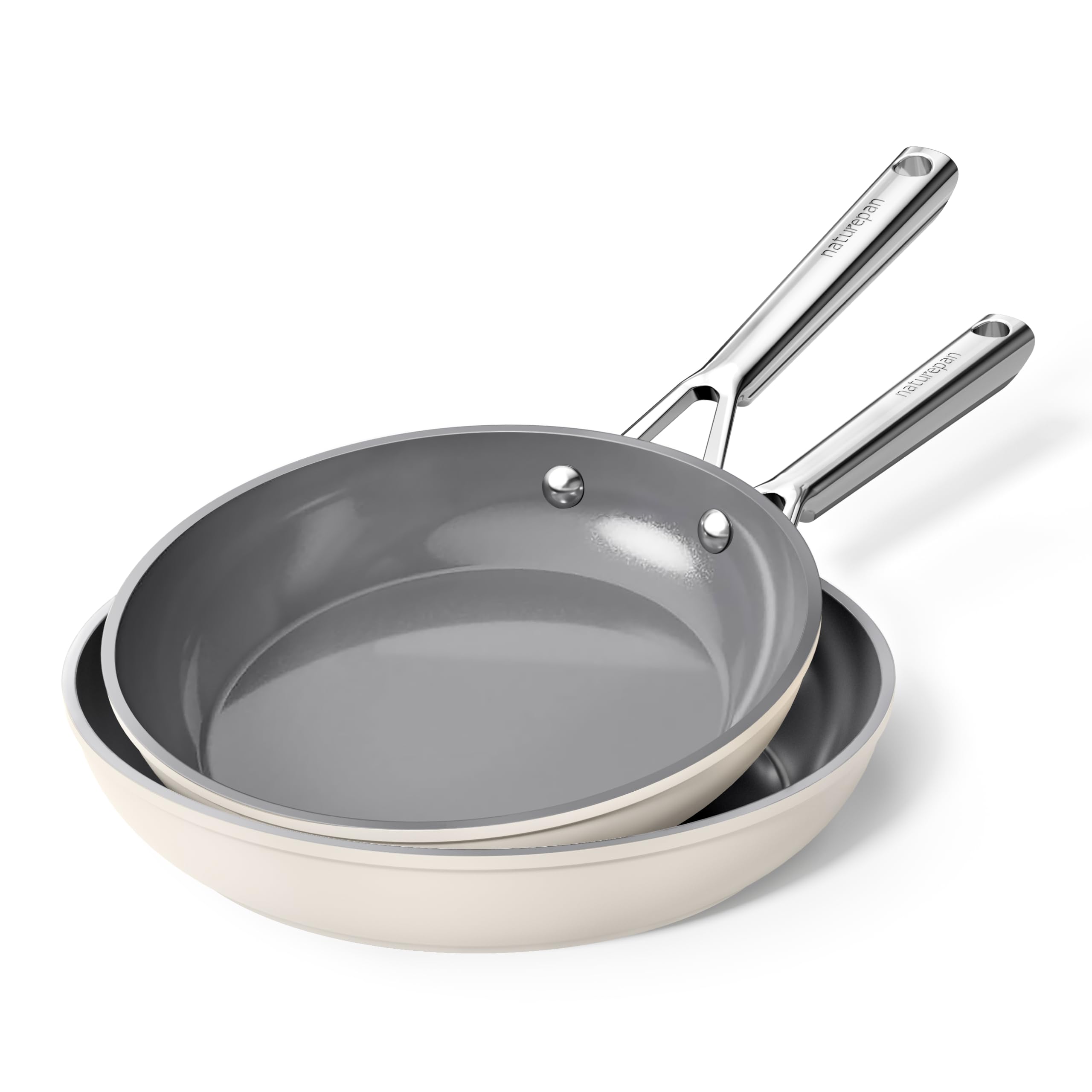 naturepan Pfannenset Keramik Induktion (24+28cm), DiamondTitan-Keramikbeschichtung, Antihaft Bratpfanne mit Edelstahlgriff, PTFE-frei PFAS-frei PFOA-frei, Backofenfest, spülmaschinenfest (Beige)