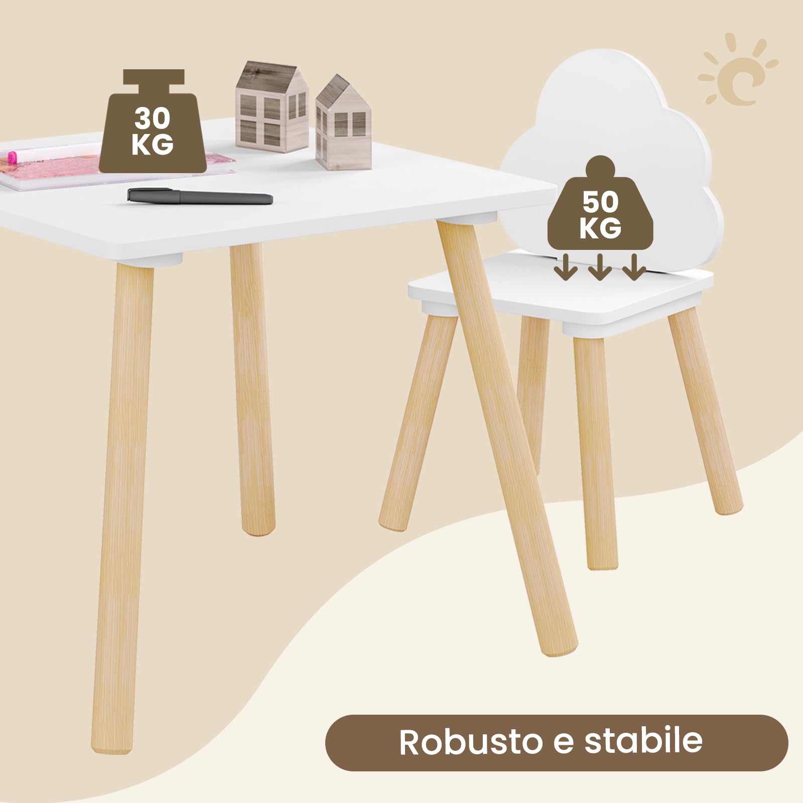 WOLTU Set di Tavolo e Sedie per Bambini a 3 Pezzi, Tavolino Bambini con Sedie Montessori, Tavolo in Legno e 2 Sedie, per Cameretta, Camera da Letto, Bianco