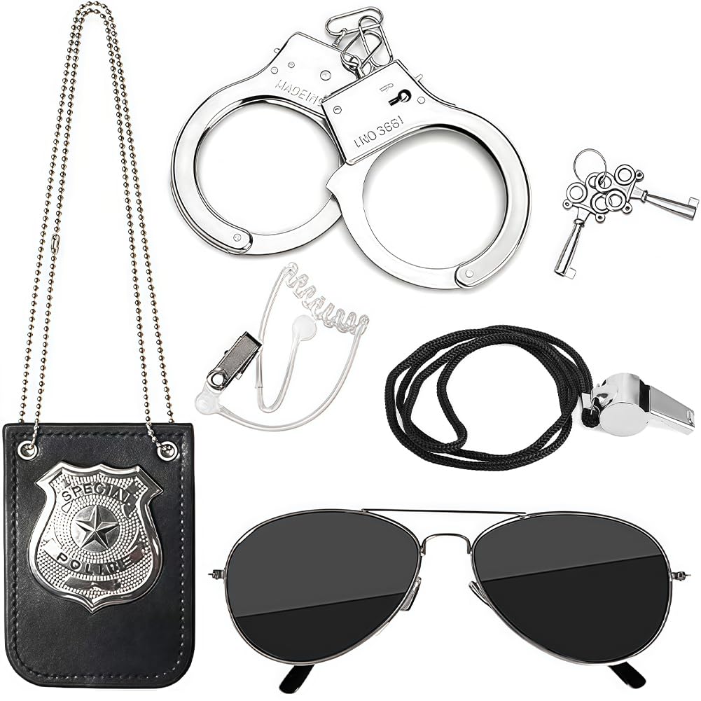 EduPlayte Police Costume Accessories, Kids Police Officer Costume Set Role Play Toys - Handcuffs, Badge, Walkie Talkie Earpiece