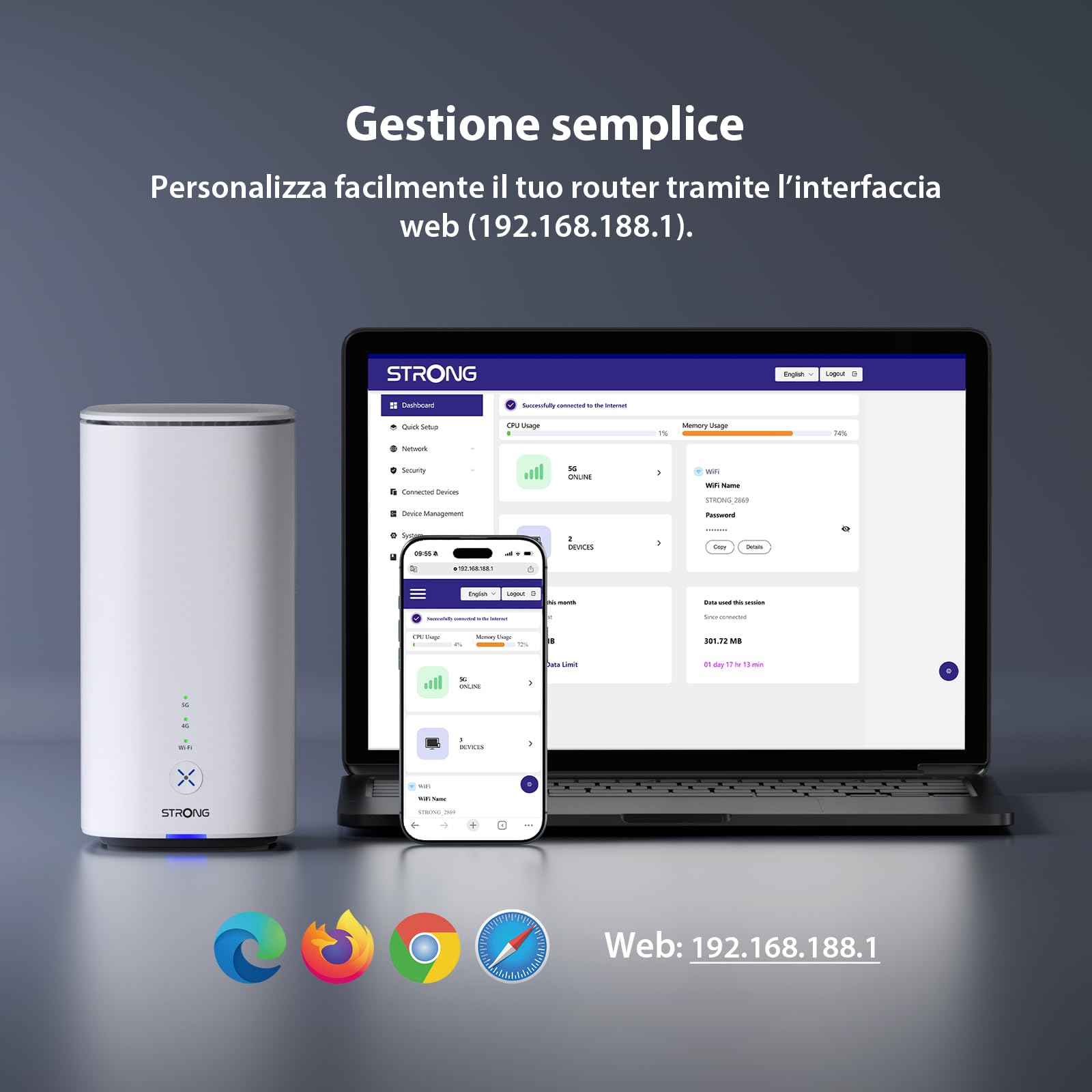 STRONG Router 5G con SIM, WiFi 7 BE3600 Dual Band, Router WiFi con SIM fino a 3,2 Gbps, Gigabit LAN/WAN, WAN Backup, NFC One-Tap, 8K Streaming, Router per Casa e Ufficio | Router WiFi con SIM fino a 3,2 Gbps, Gigabit LAN/WAN, WAN Backup, NFC One-Tap, 8K S