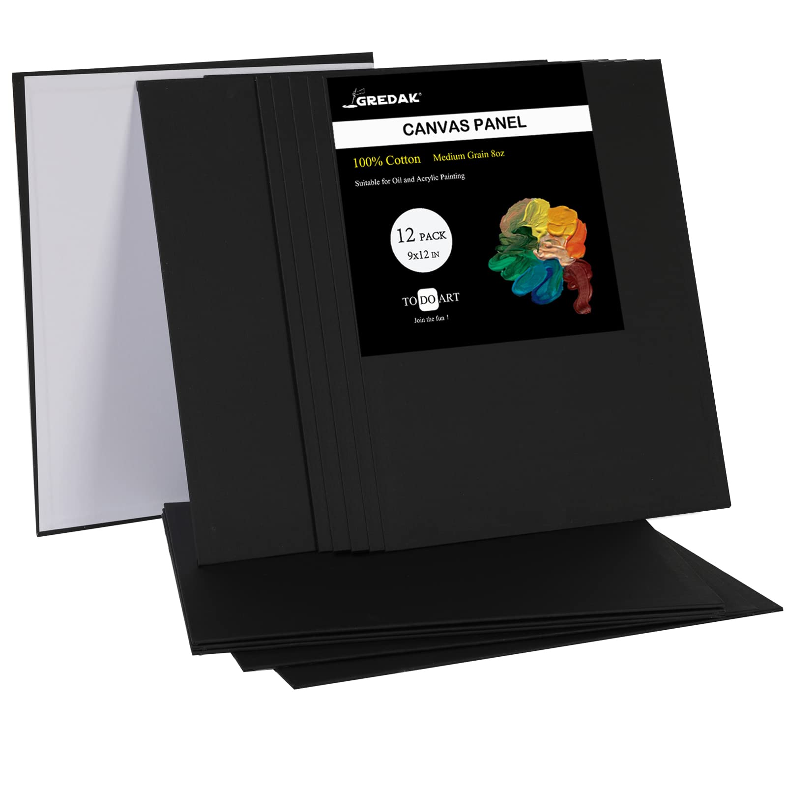 Gredak Black Canvases for Painting, 9x12 Inch 12-Pack Blank Black Canvas, 100% Cotton Canvas Panels, Paint Supplies for Adult, Perfect Art Supplies for Acrylics and Oil Paints