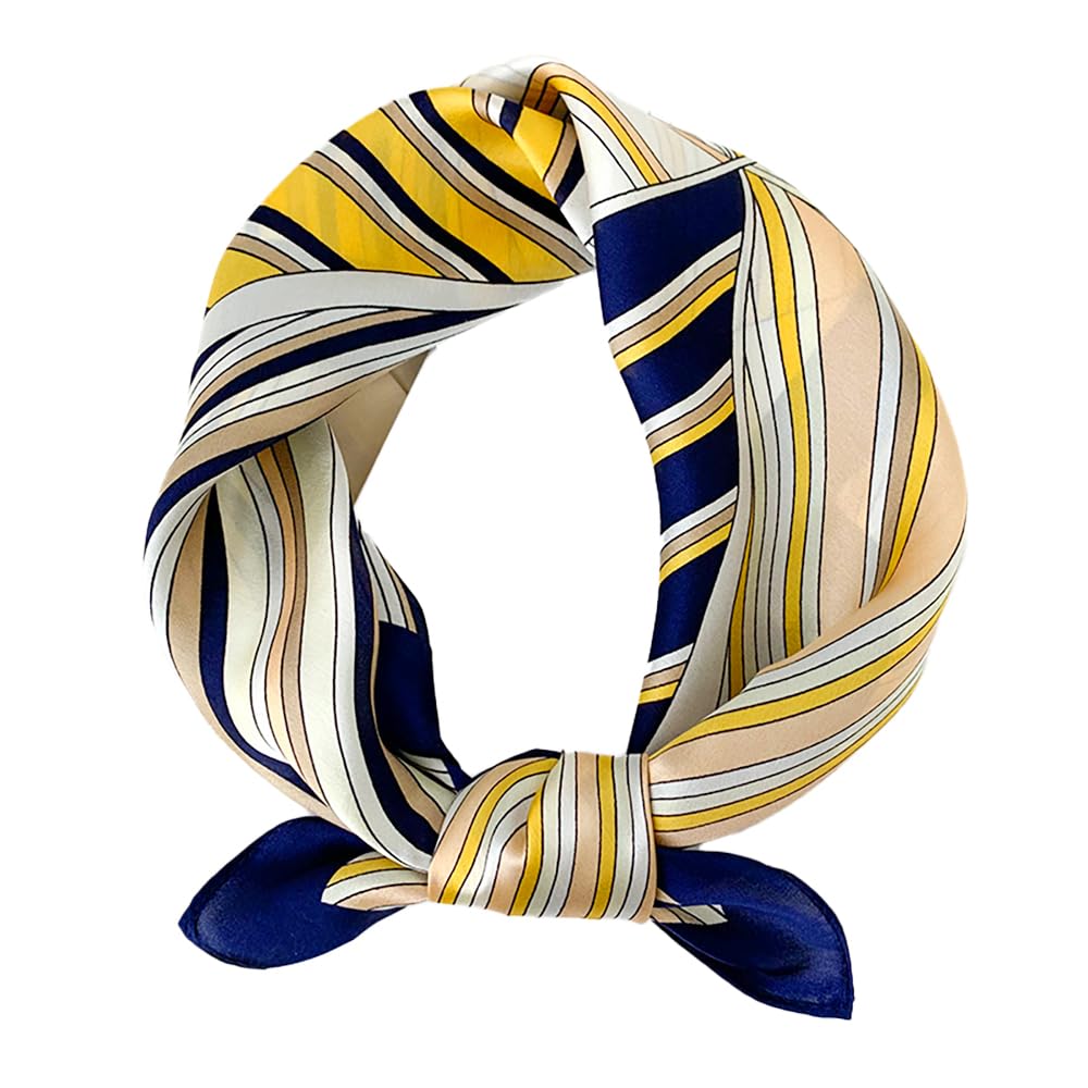 FEIBOON Mulberry Silk Scarfs Neck Scarf 21"x21" Small Square Scarfs hair scarf bandana Neckerchief Headscarf for Women Gift Packed-Blue And Yellow Stripes