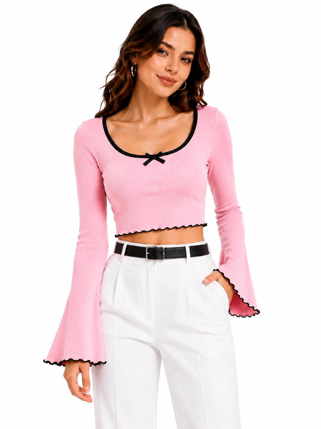 Women's Ribbed Crop Top, Square Neck, Flare Bell Sleeves, Bow Detail, Contrast Black Trim-image-41