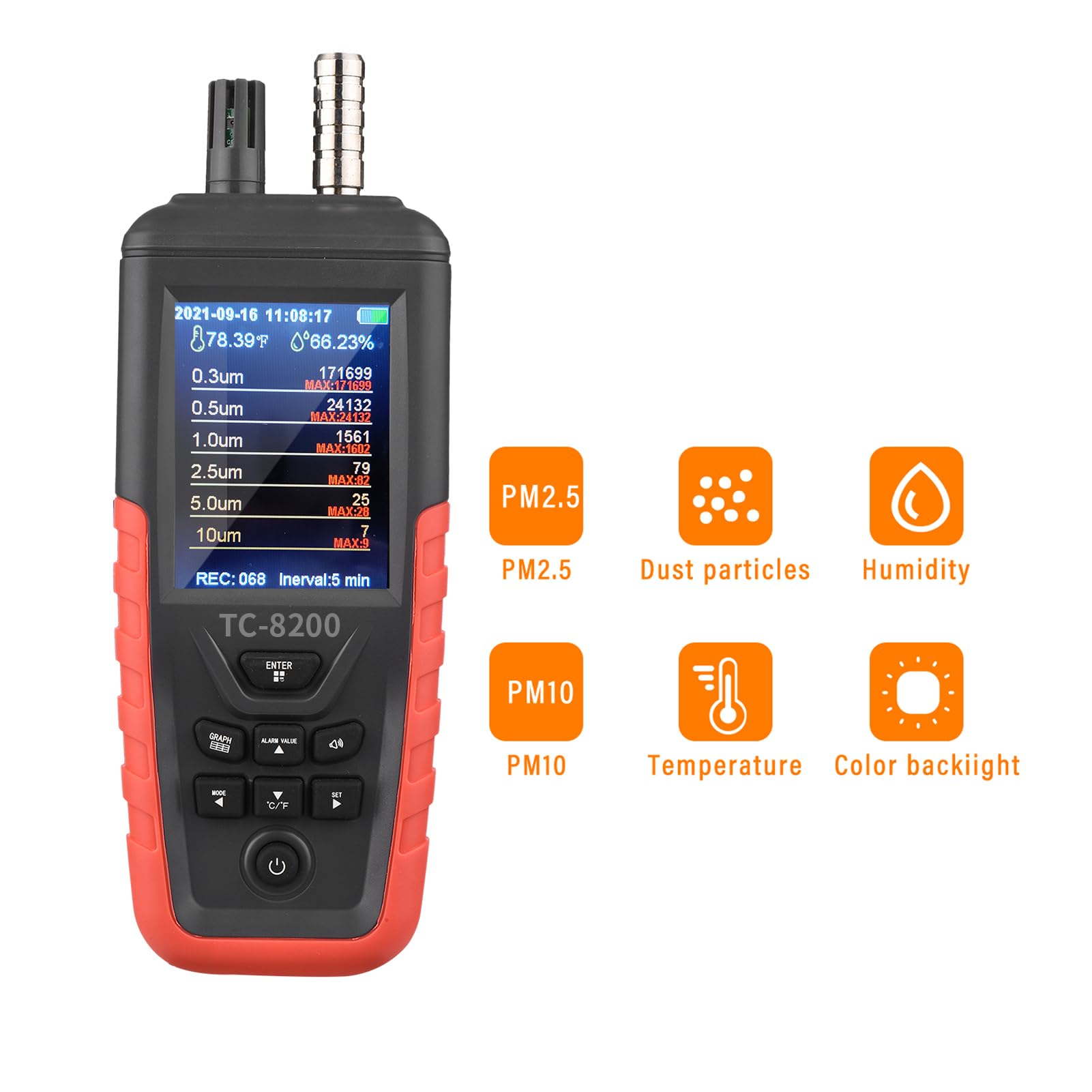 Irfora Dust Particle Counter 6-Channel 0.3um/ 0.5?m/ 1.0?m/ 2.5?m/ 5.0?m/ 10um PM2.5 PM10 Detector with 3.2-inch Backlight TFT Color Screen Air Quality Tester Temperature Humidity Monitor Home Office