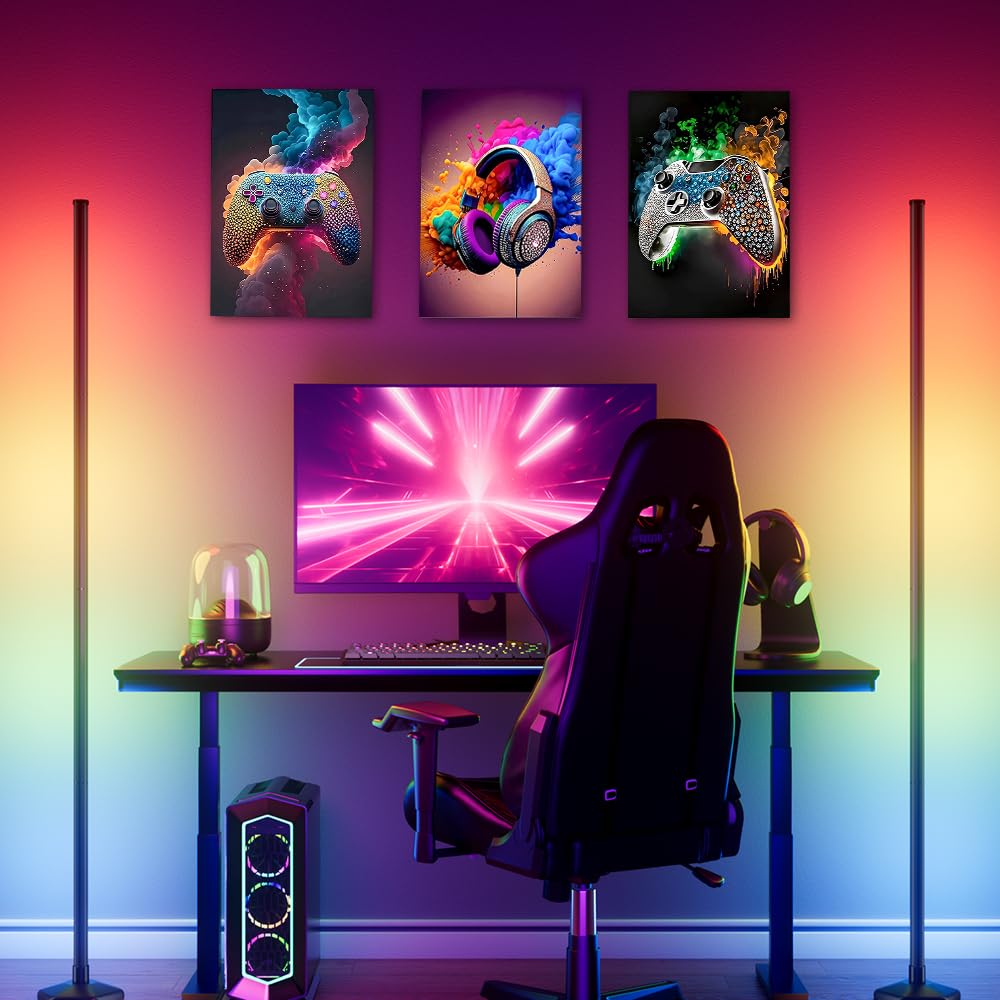 Rongxze 3 immagini da parete incorniciate, 40 x 30 cm, con strass scintillanti, gamepad, auricolari, decorazione da parete, tela HD per camera dei ragazzi, stanza dei giochi, Man Cave