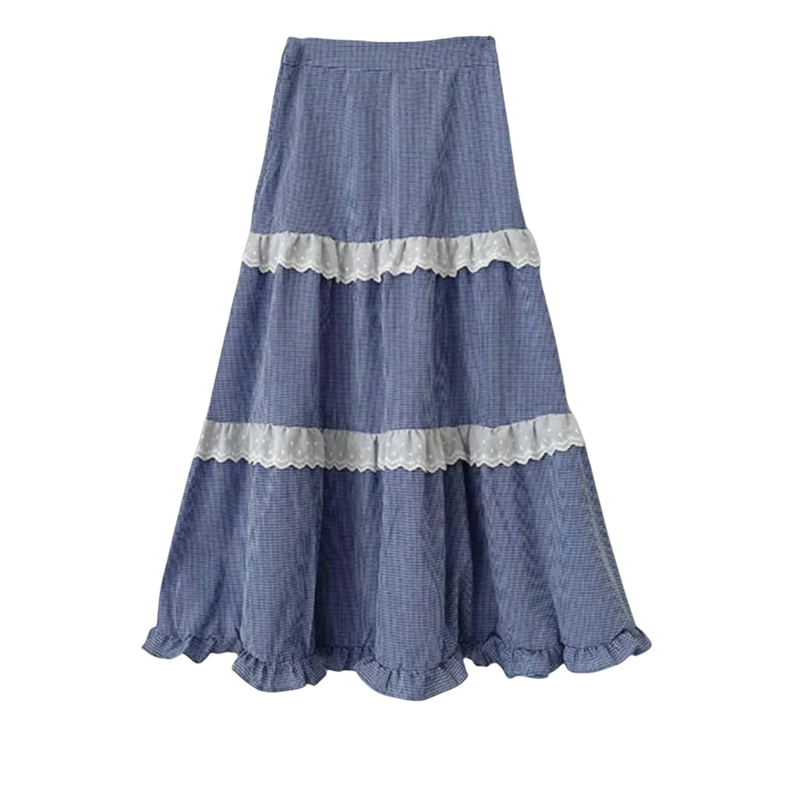 Gonna Scherma Lunghe con Stampa A Quadri Primaverili Donne in Pizzo Patchwork con Rantoli Pieghe per Signore Sfilate Gonne da Donna Sciolta