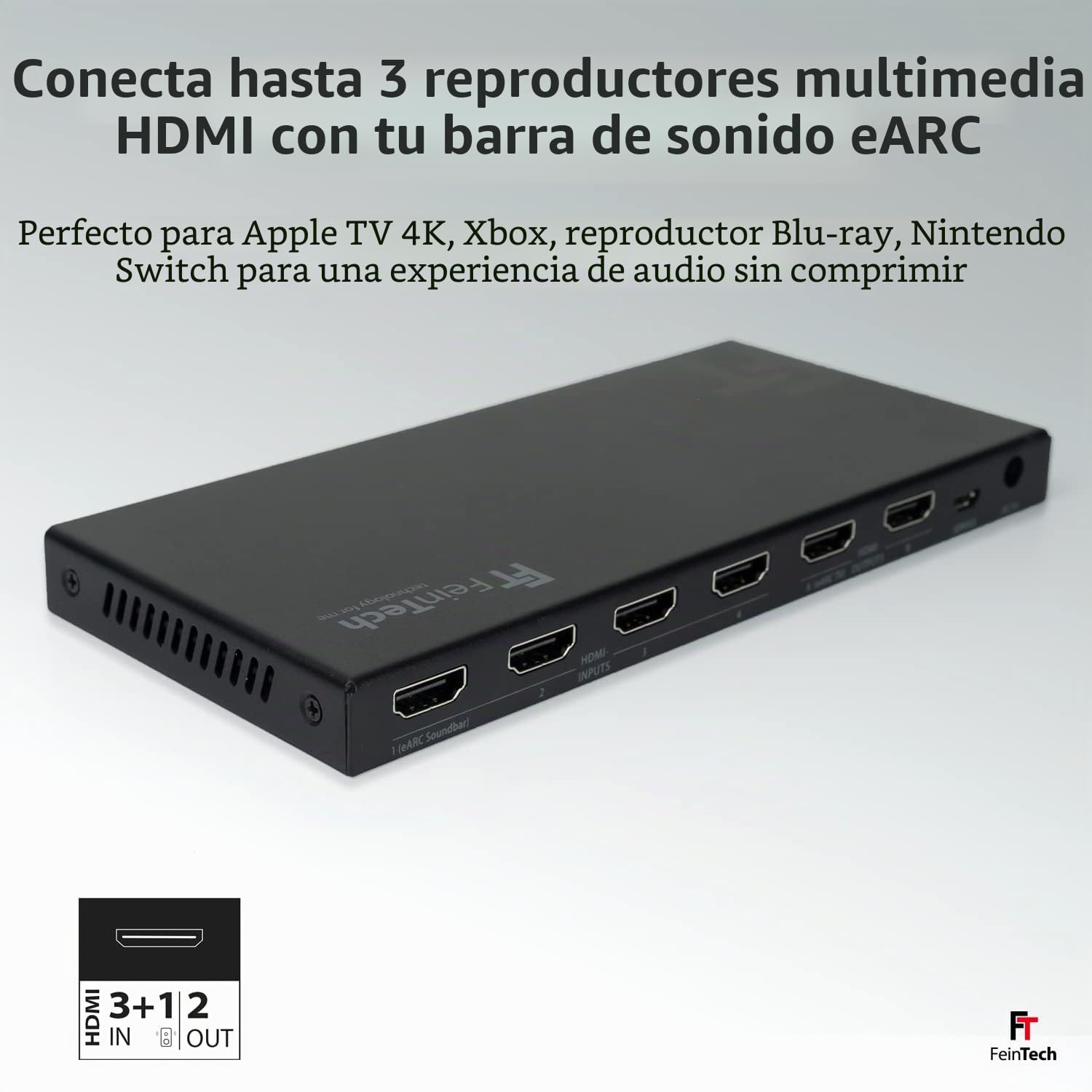 FeinTech VAX04201 HDMI eARC Pass Matrix Switch 4x2 para Barra de Sonido y 2 Pantallas 4K 60Hz Dolby Vision Atmos