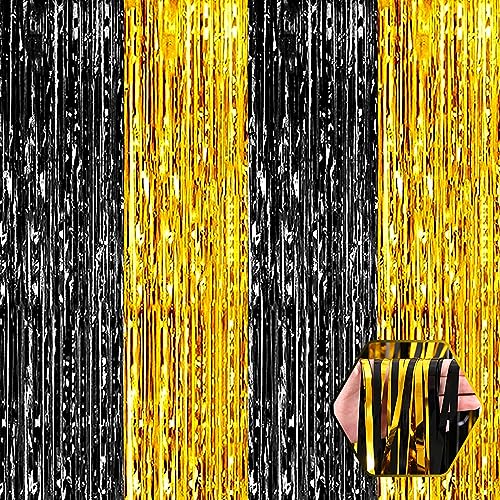 Image of 3 Pack Black Gold Foil Fringe Curtain Backdrop, 3.28Ft x 9.8Ft Metallic Tinsel Foil Fringe Streamer Curtains for Photo Booth, Christmas Day, Thanksgiving, Wedding, New Year Party Decorations