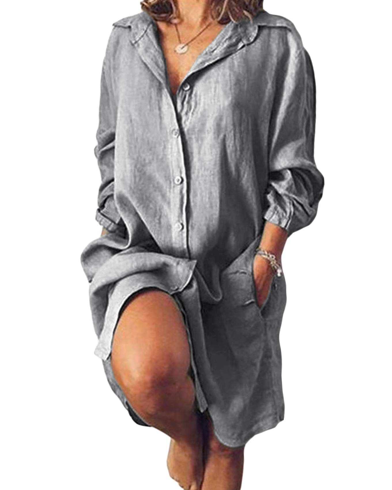 GemijackaWomens Long Sleeve Blouse Oversized Long Sommer Linen Shirt Beach Bikini Cover Up