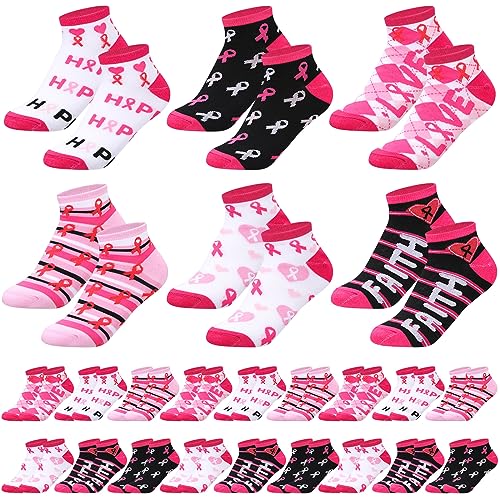 Panitay 24 Pairs Breast Cancer Awareness Socks for Women Pink Ribbon Ankle Socks Sport Short Socks Breast Soft Socks Breast Cancer Awareness Bulk Items Gifts for Sport Football Cheer Accessories