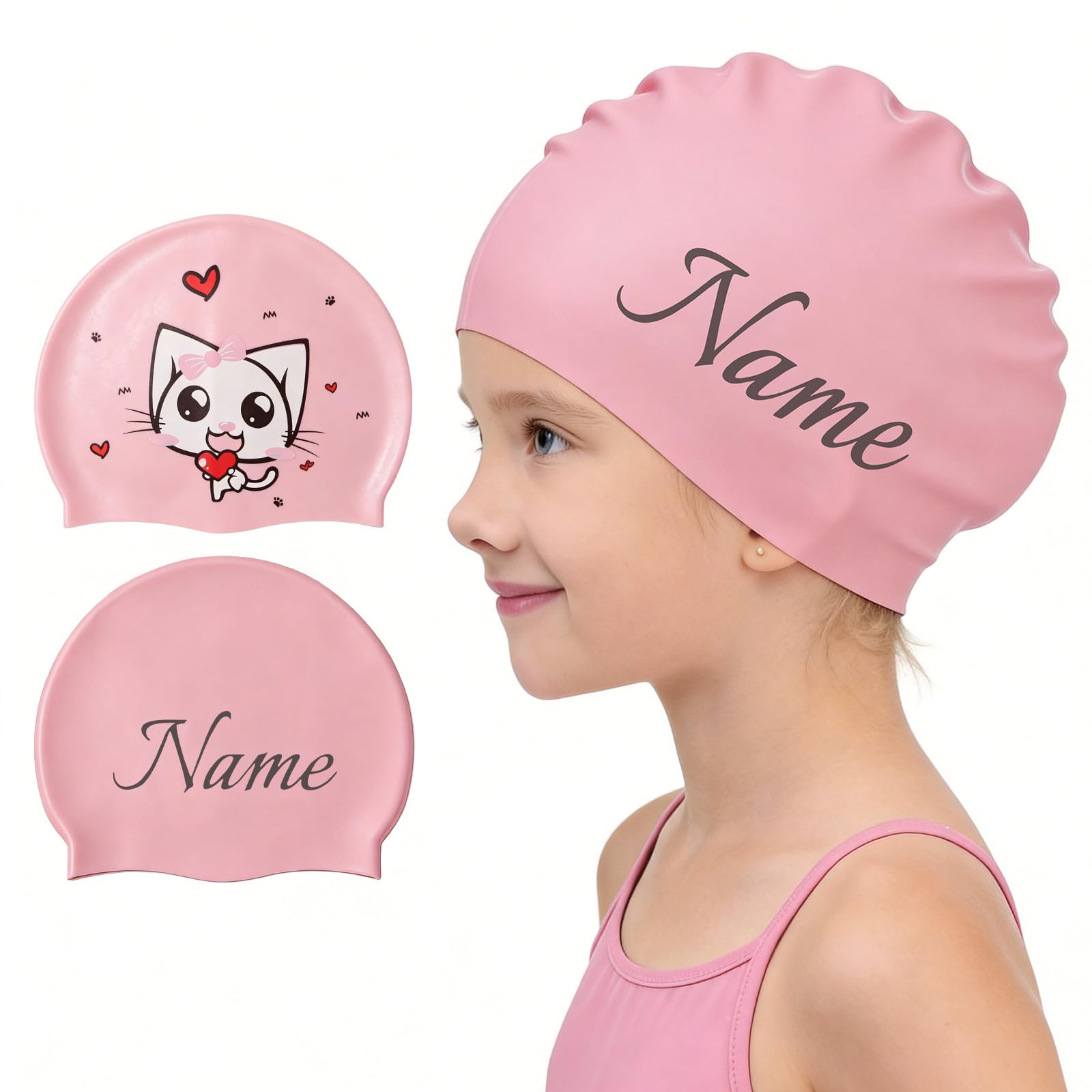 CQSXM Kids Swimming Cap with Name, Waterproof Swimming Cap for Girls, Silicone Swim Cap with Cat Cartoon Pattern (Pink)