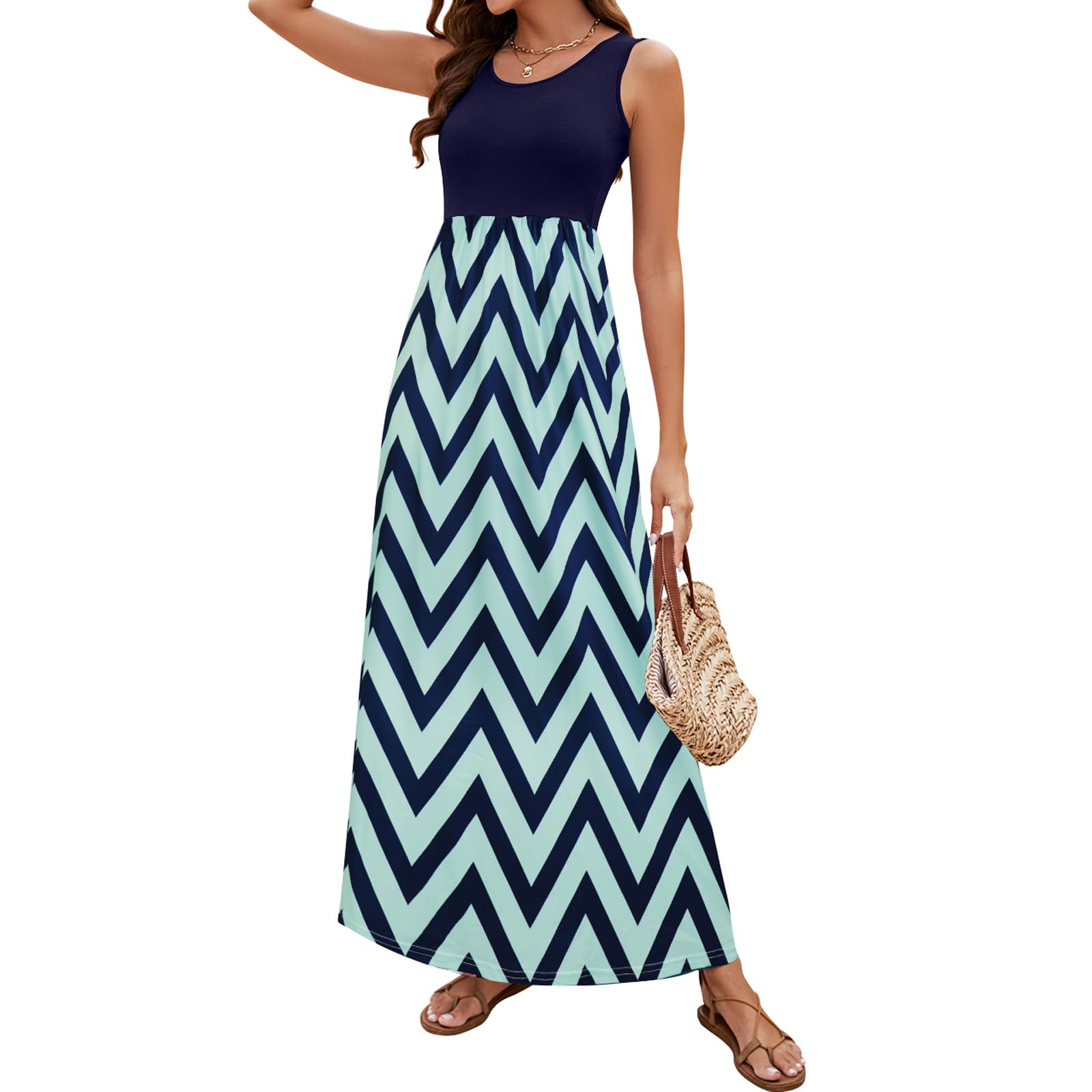 Sherosa Women Boho Chevron Striped Floral Printed Summer Sleeveless Tank Long Maxi Party Dress