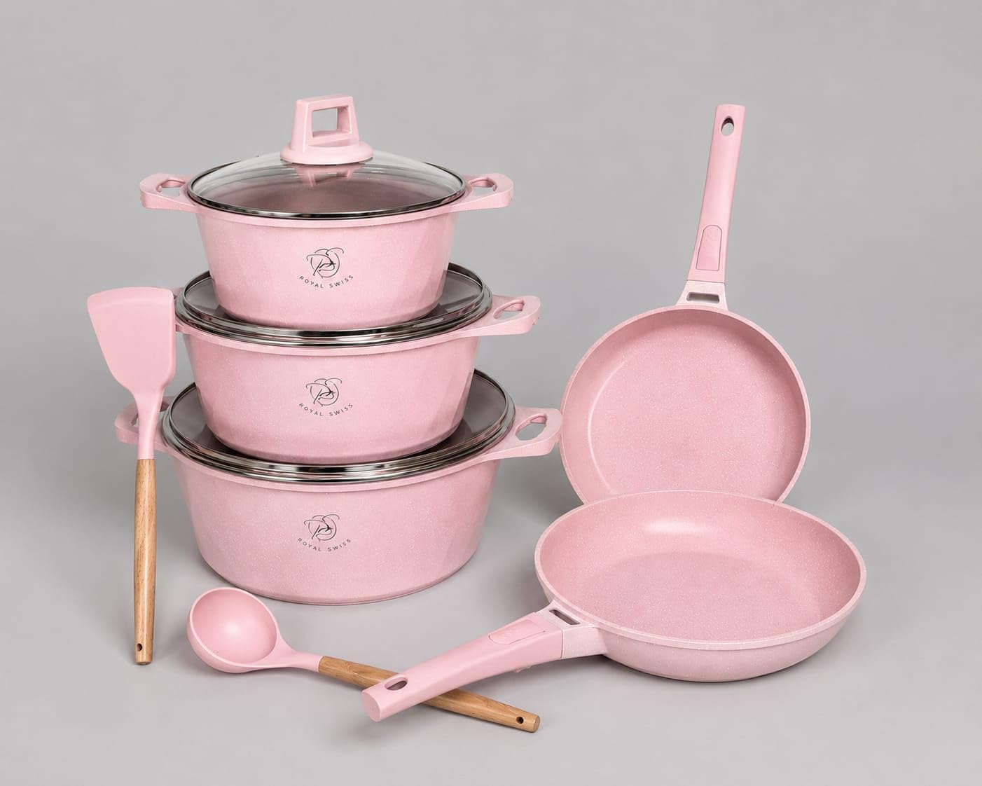 Batería de Cocina 11 Piezas Antiadherente Rosa | Juego de Ollas y Sartenes con Tapas de Vidrio | Compatible con Inducción, Gas y Vitrocerámica | Sin PFOA | Fácil Limpieza