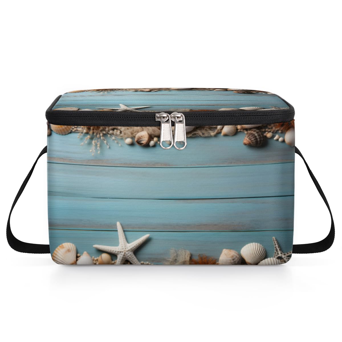 GzLeyigou Starfish Seashell Lunch Bags for Women Men 9 Cans, Hot & Cold Food Delivery Bag Insulated Grocery Bag Insulated Lunch Box Blue Wooden Cooler Bag for Office Work Picnic Beach