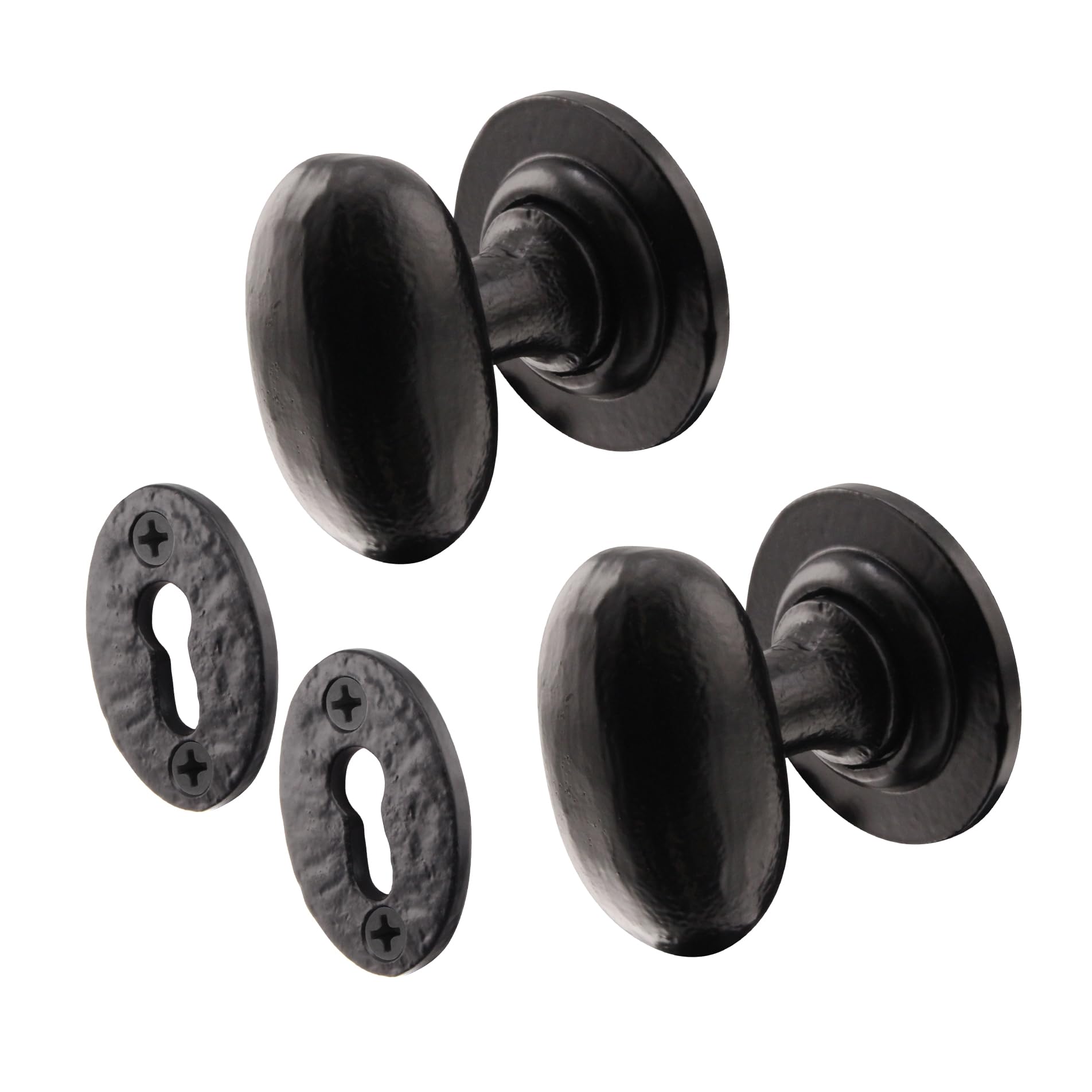 EAI Black Iron Door Knob Set - 1 Pair of Cast Iron Antique Oval Mortice Knobs & Escutcheons