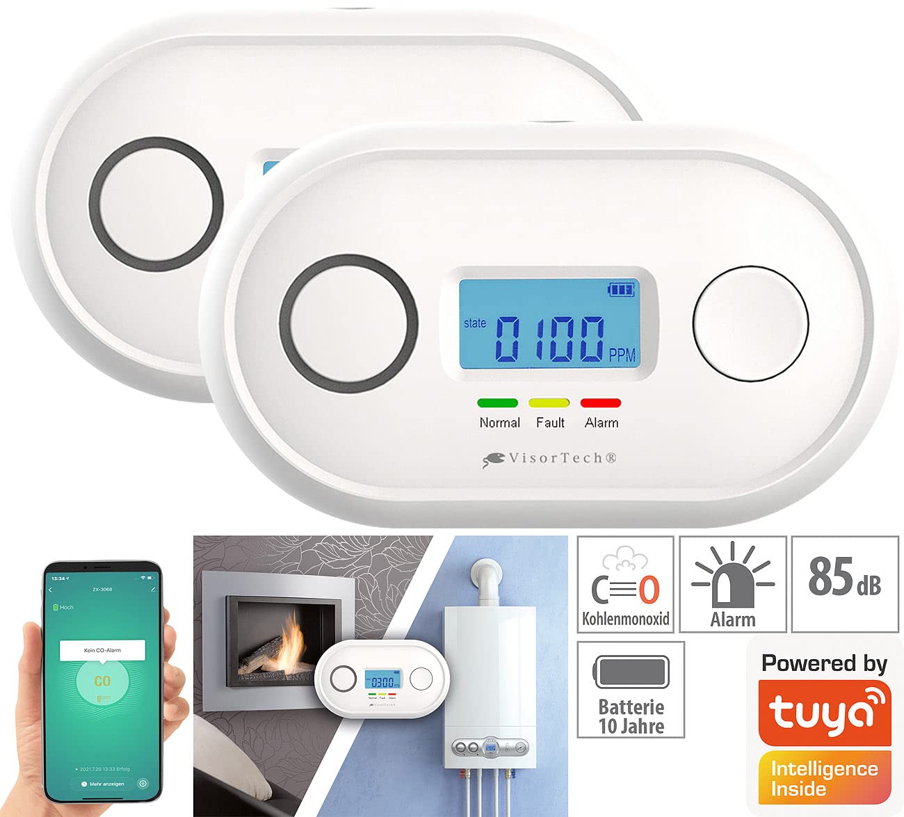 2 détecteurs de monoxyde de carbone connectés DIN EN 50291-1 [VISORTECH]