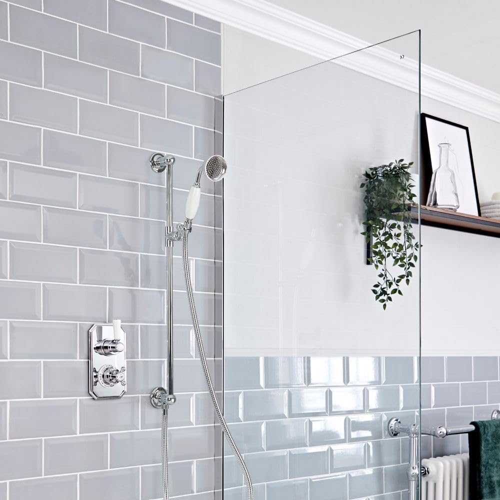 Milano Chrome & White Elizabeth Thermostatic Mixer Valve Riser Rail Hand Shower Kit - Chrome