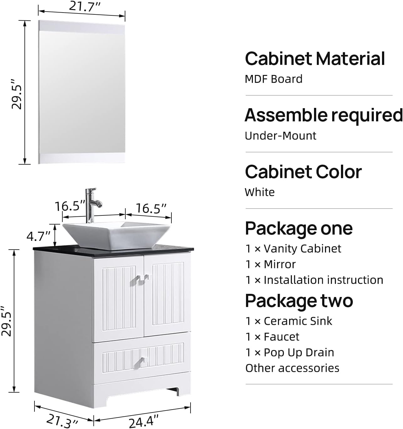 24" White Bathroom Vanity Cabinet with Round Ceramic Vessel Sink, Countertop Combo Set with Faucet, Drain and Mirror (2)