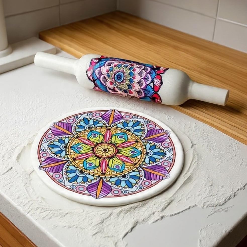Image of Traditional Marble Chakla Belan Set - 25.4 cm Chakla / 30.5 cm Belan | Purple Mandala Pattern | Roti Rolling Board and Rolling Pin | Classic Indian Kitchen Tool