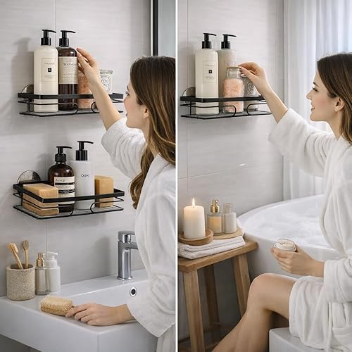 Miniatura 4 de Paquete de 2 organizadores de ducha adhesivos, organizador de ducha esquinero a prueba de óxido con adhesivos, organizadores de baño y