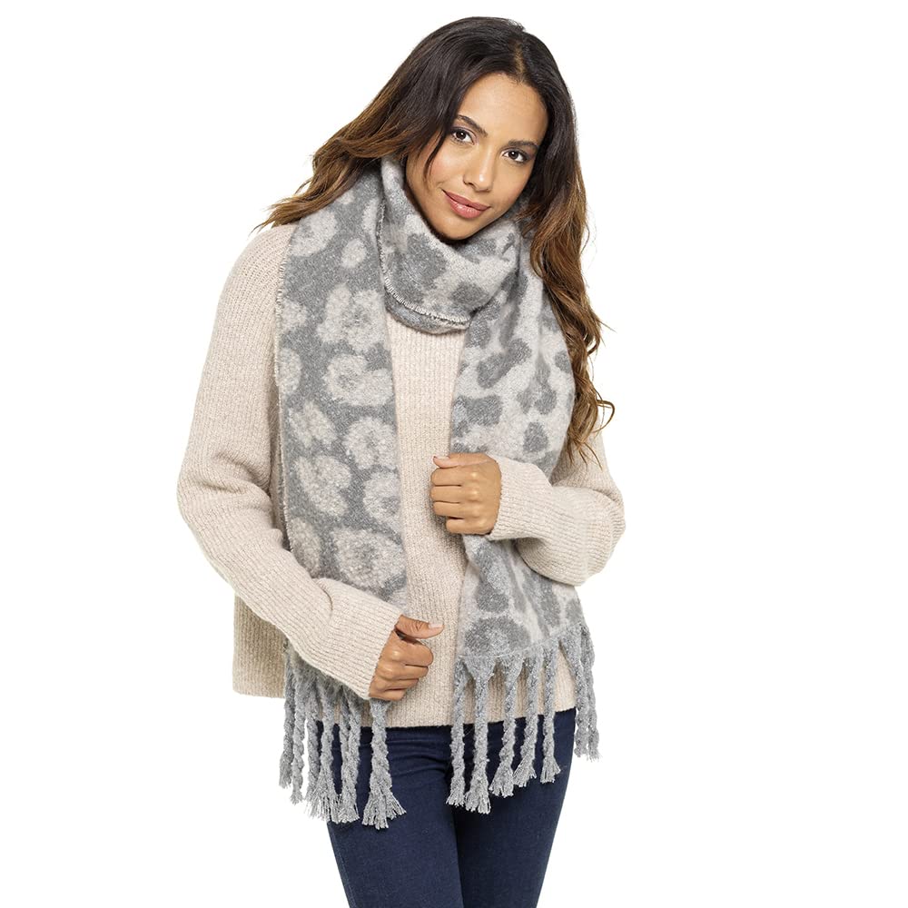 Undercover Ladies Grey Animal Print Brushed Blanket Scarf with Tassles GL868