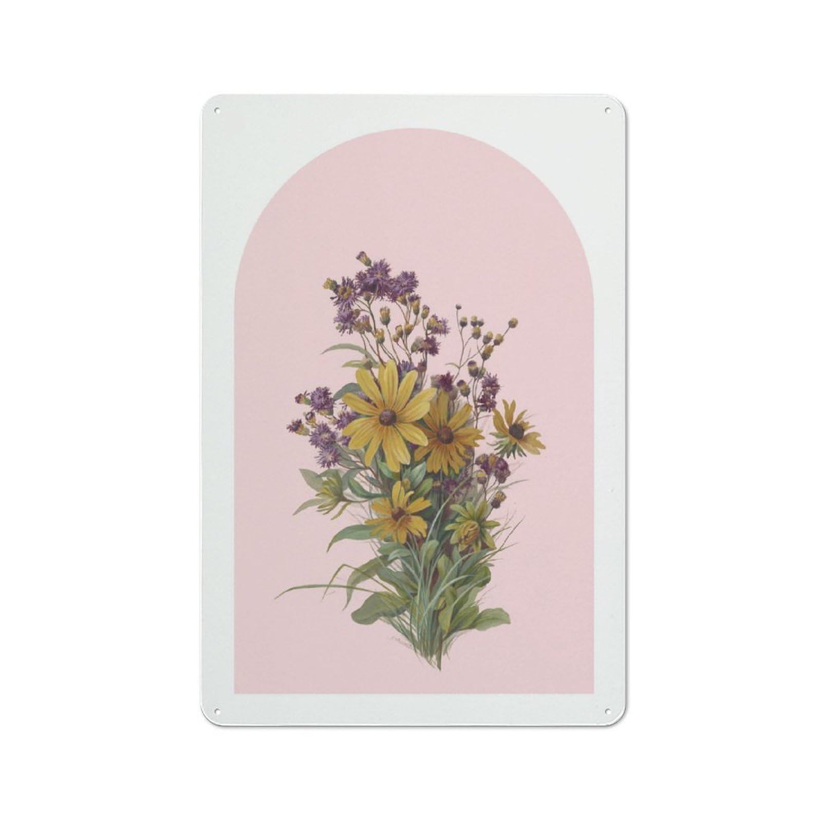 Junmoney Style-4 Metal Plaque With Vintage Wildflower Bouquet Pink Design 30X20cm, Country Style Cafe Wall Decor For Bakery, Diner, Cafe Or Family Room