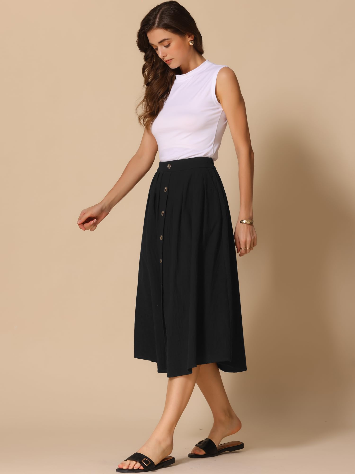 Allegra K Jupe Mi-Longue Trapèze Femme en Coton à Taille Élastique Coupe Décontractée Boutonnée sur Devant avec Poches