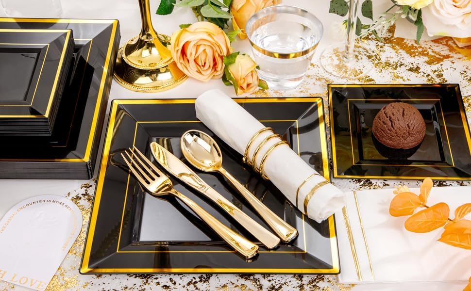 Festiva 350Pcs Black and Gold Plastic Plates-50Guests Disposable Square Black Dinnerware Set include 100 Plastic Plates,50Cups,150Plastic Cutlery,50Napkins for Party &Wedding&New Year - Image 8