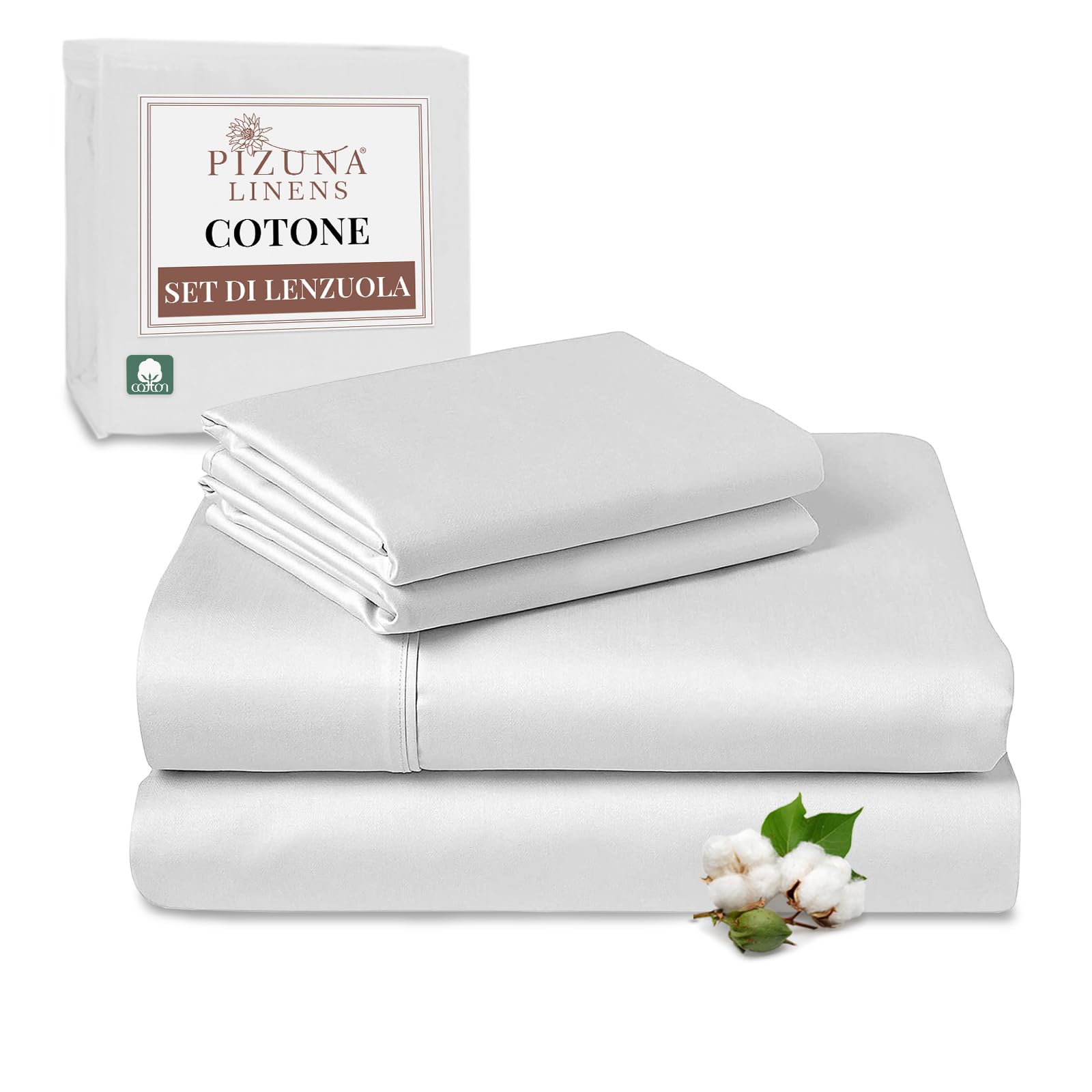 Pizuna Set lenzuola letto super king Cotone 180x200 cm Bianco, 400 fili in 100% cotone a fiocco lungo Sateen Completo lenzuola con 1 lenzuolo con angoli, 1 lenzuolo sopra, 2 federe