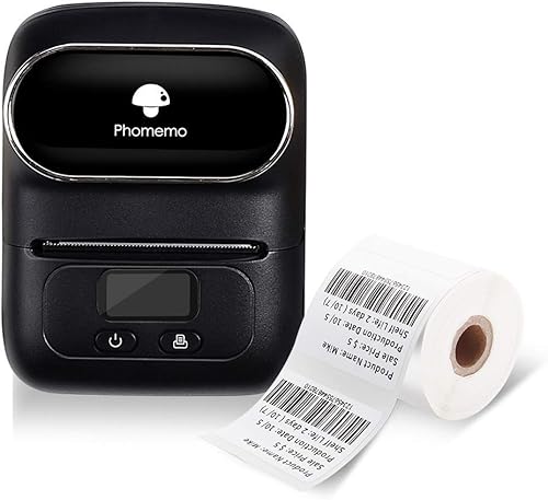 Phomemo M110 - Etiquetadora con 1 rollo de etiqueta de 1.575 x 1.181in, impresora térmica portátil Bluetooth para código de barras, ropa, joyas,