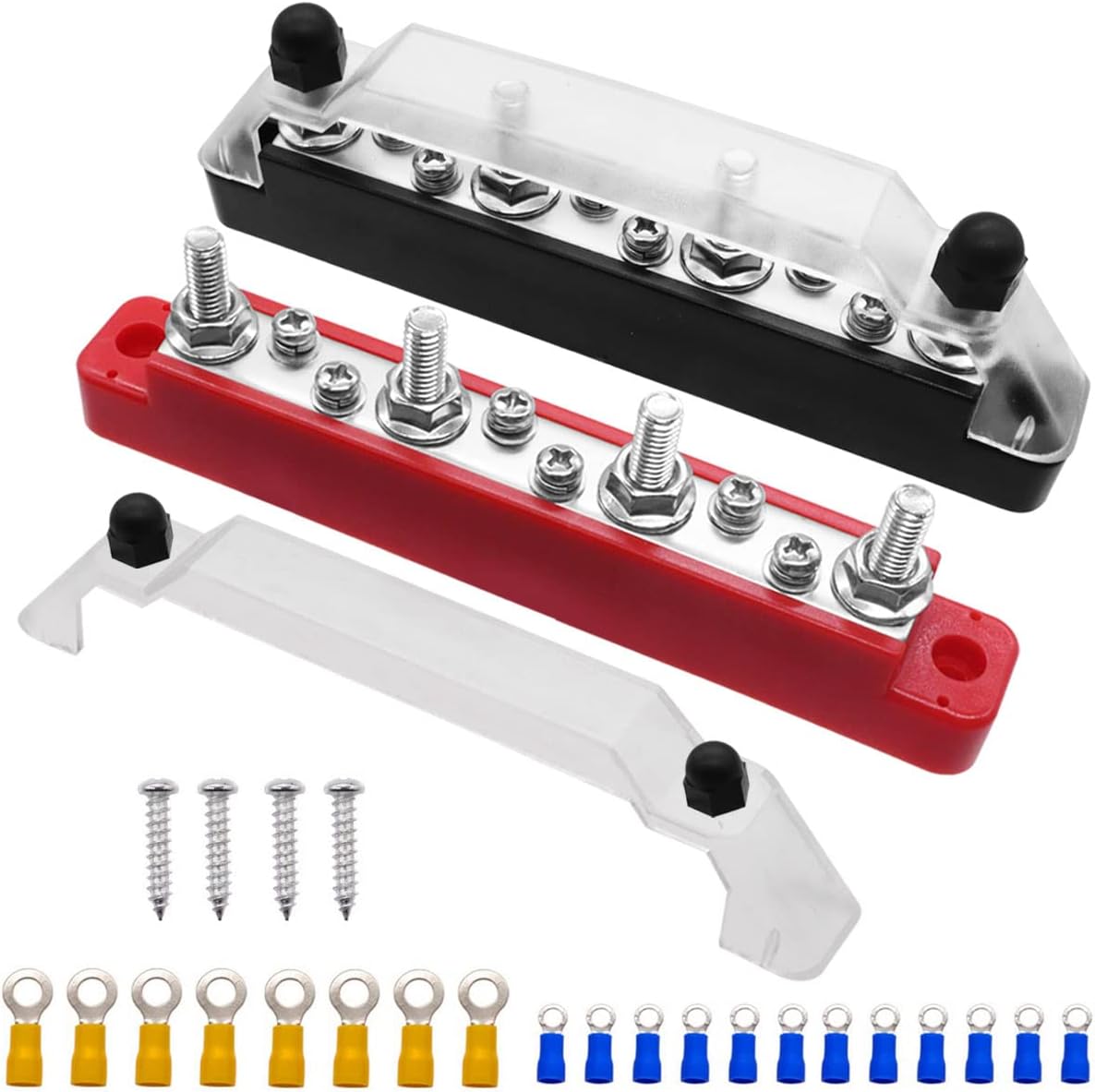 150A 12V Bus Bar Marine Power Distribution Terminal Block with Cover with 4 x 1/4โ(M6) Post,6 x M4 Terminal Screws,Battery Bus Bar (Pair, Red & Black) for Car Boat Marine