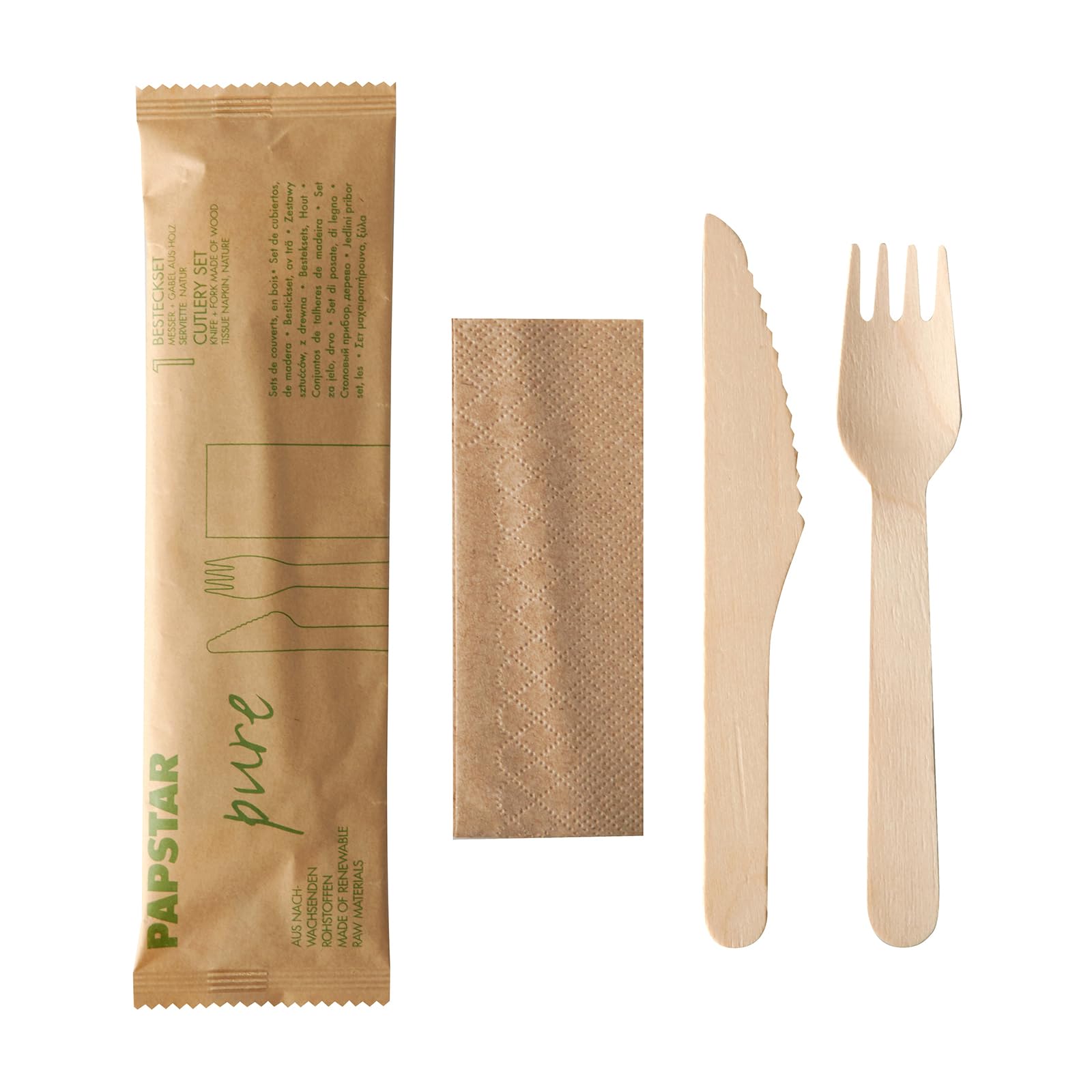 PAPSTAR Besteckset, Holz Pure 500 Stück : Messer, Gabel, Serviette in Papierbeutel