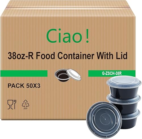 CIAO! Recipiente de alimentos redondo negro moldeado por inyección de 38oz con tapa (150caja)