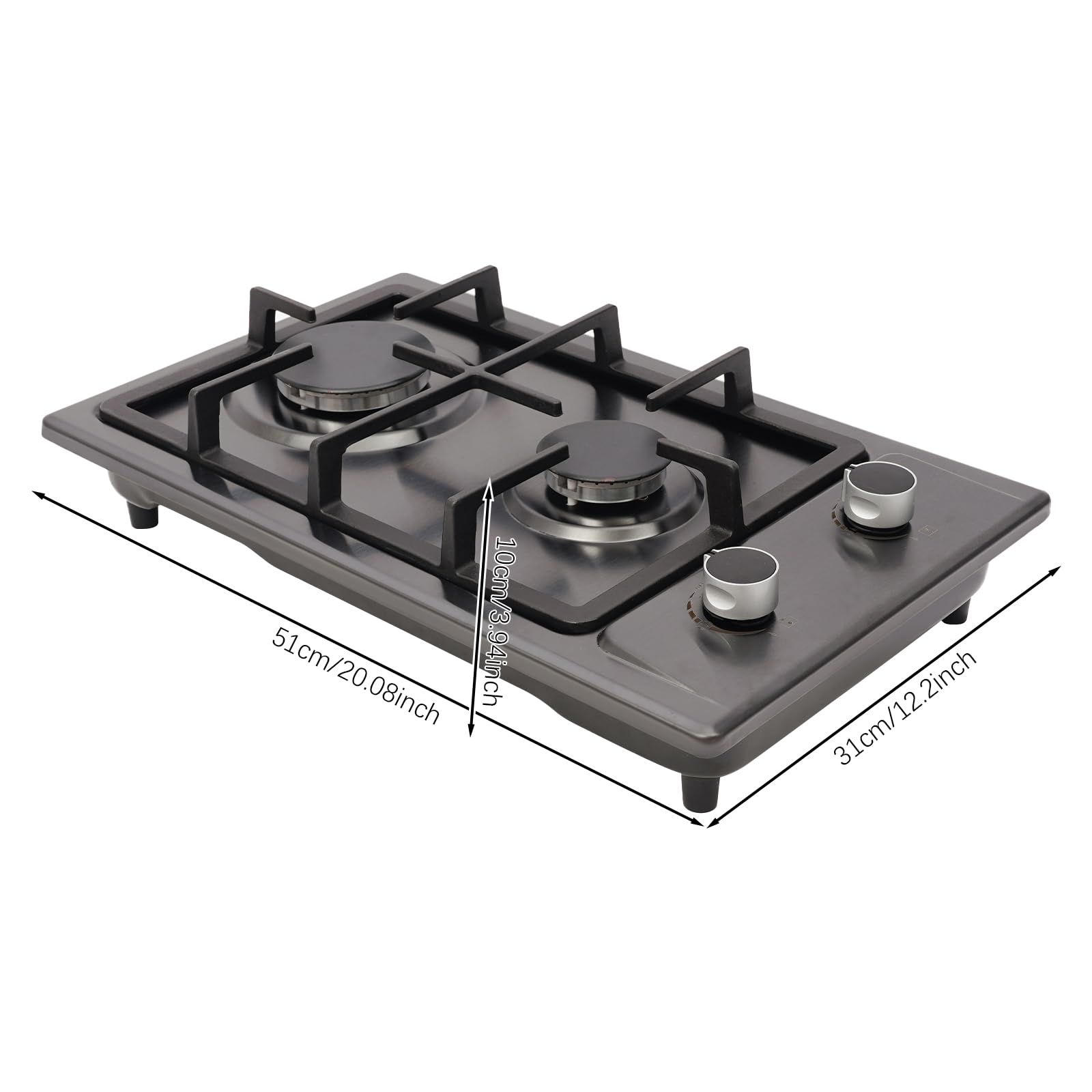 Tragbare Gasherd 2 Flammig, Mitgelieferter Umrüstdüse, 1.3m Schlauch, 51×31×10cm, 3kw+1,75kw Brenner, Gaskocher Camping, Gaskochfeld Outdoor (Schwarz)
